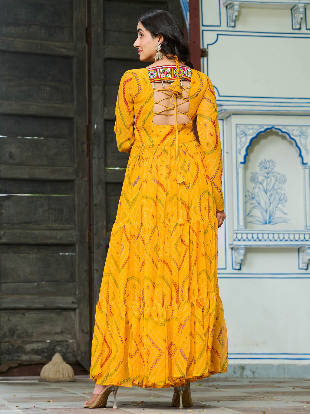 Yellow Bandhani print georgette Kutchi patchwork flair Navratri gown