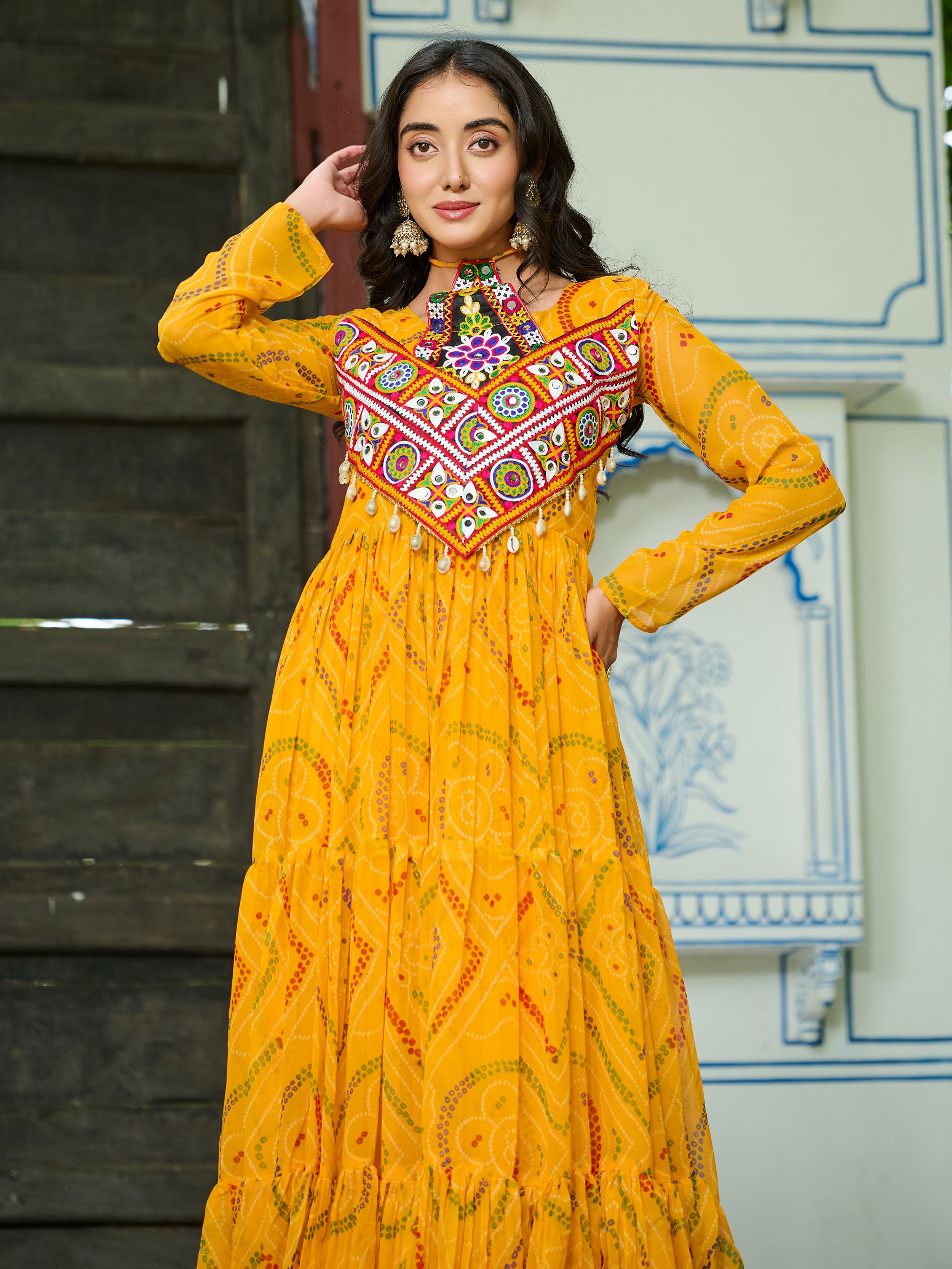 Yellow Bandhani print georgette Kutchi patchwork flair Navratri gown