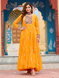Yellow bandhani print georgette navratri gown with kutchi patchwork