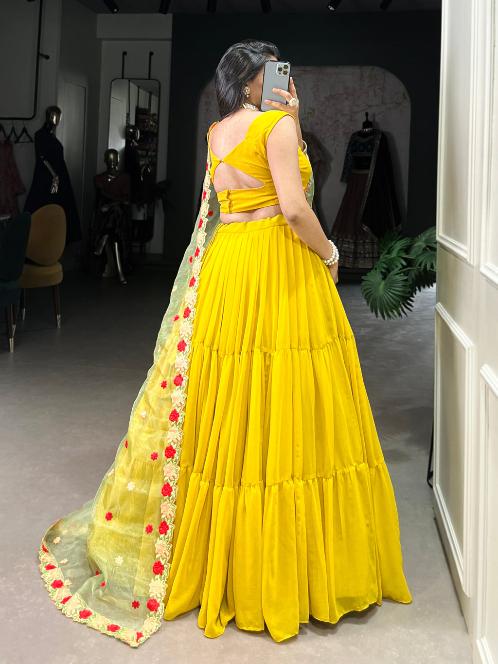 Yellow georgette plain lehenga choli with embroidered organza dupatta