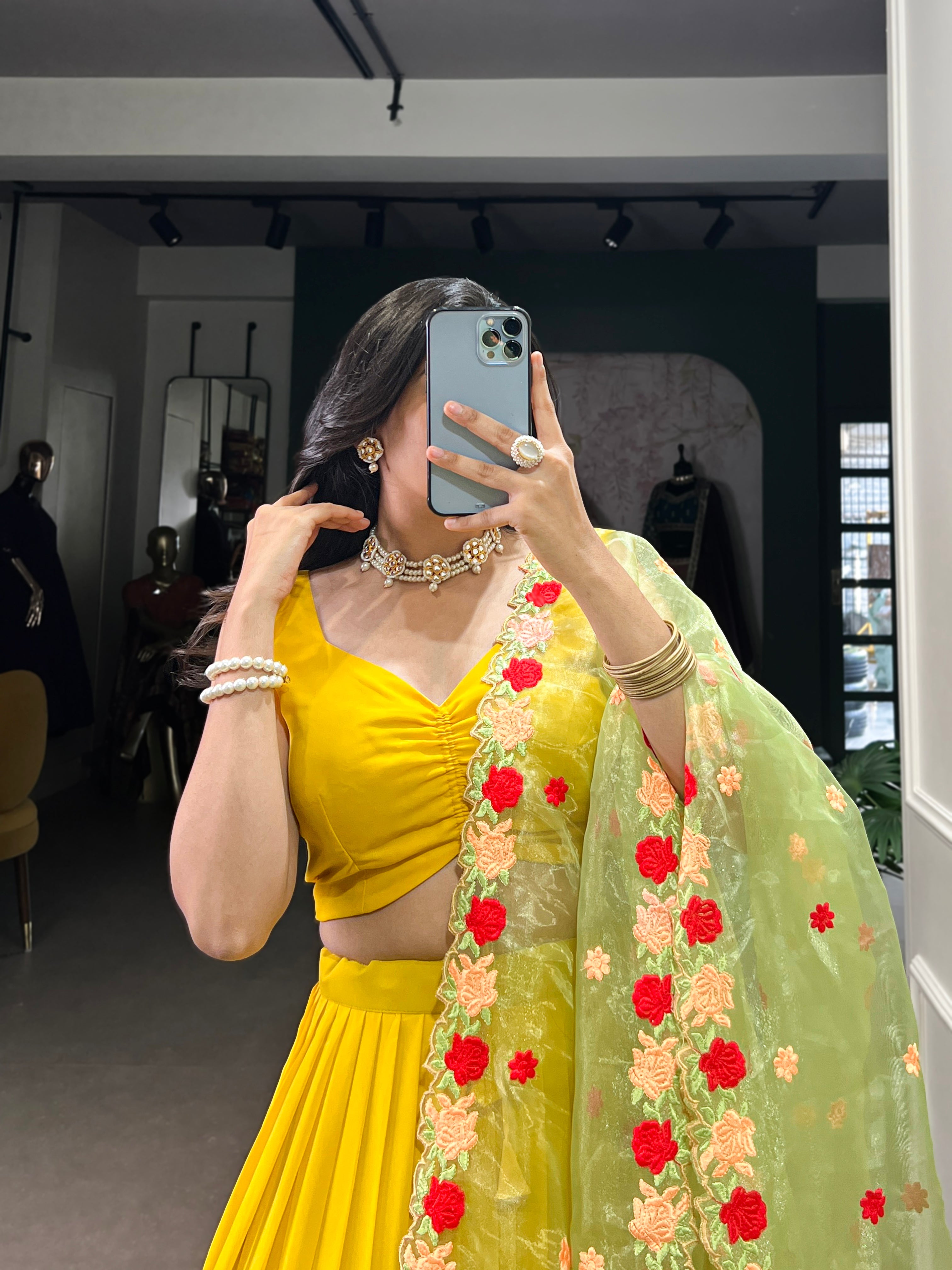 Yellow georgette plain lehenga choli with embroidered organza dupatta
