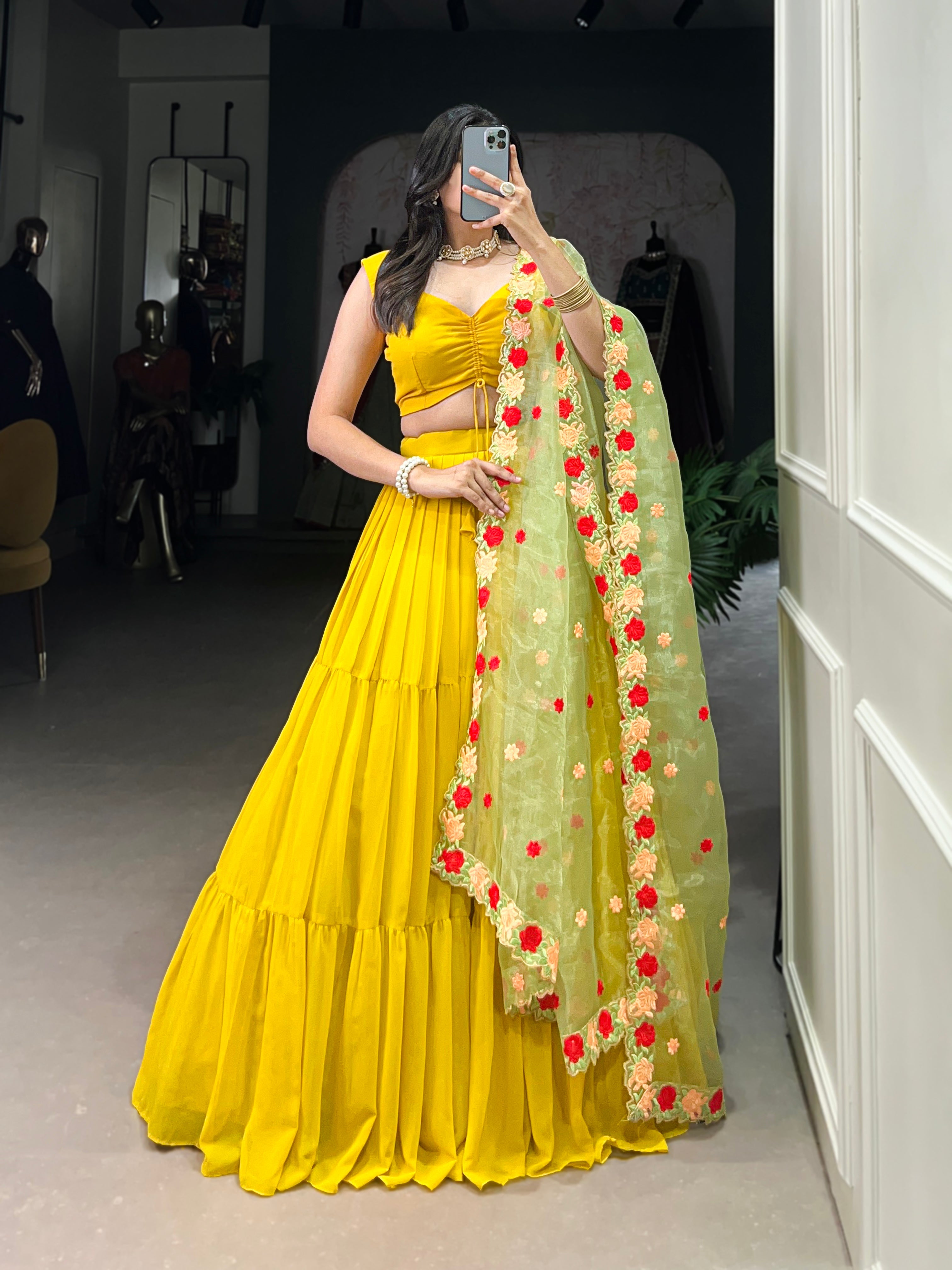 Yellow georgette plain lehenga choli with embroidered organza dupatta
