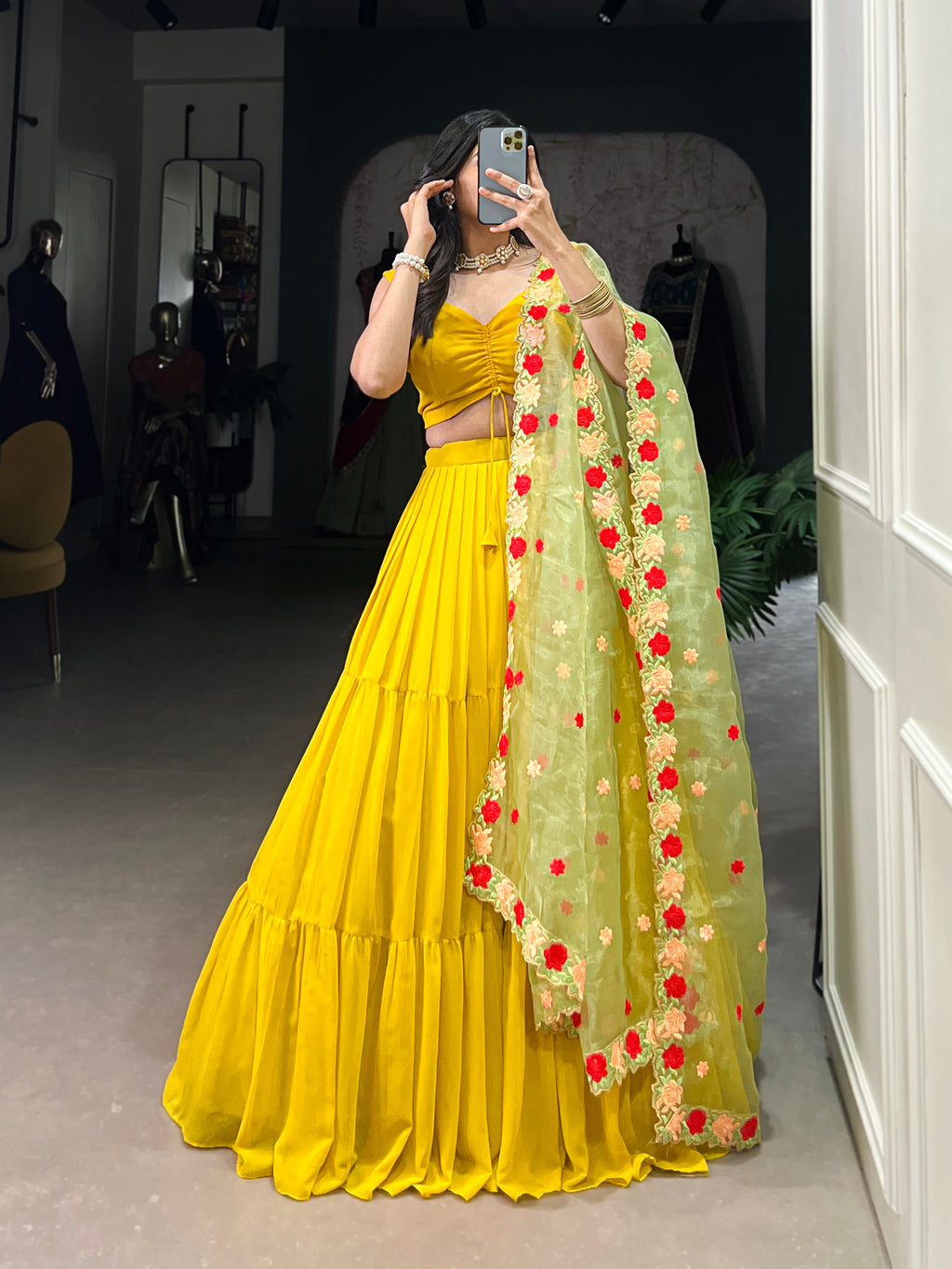 Yellow georgette plain lehenga choli with embroidered organza dupatta