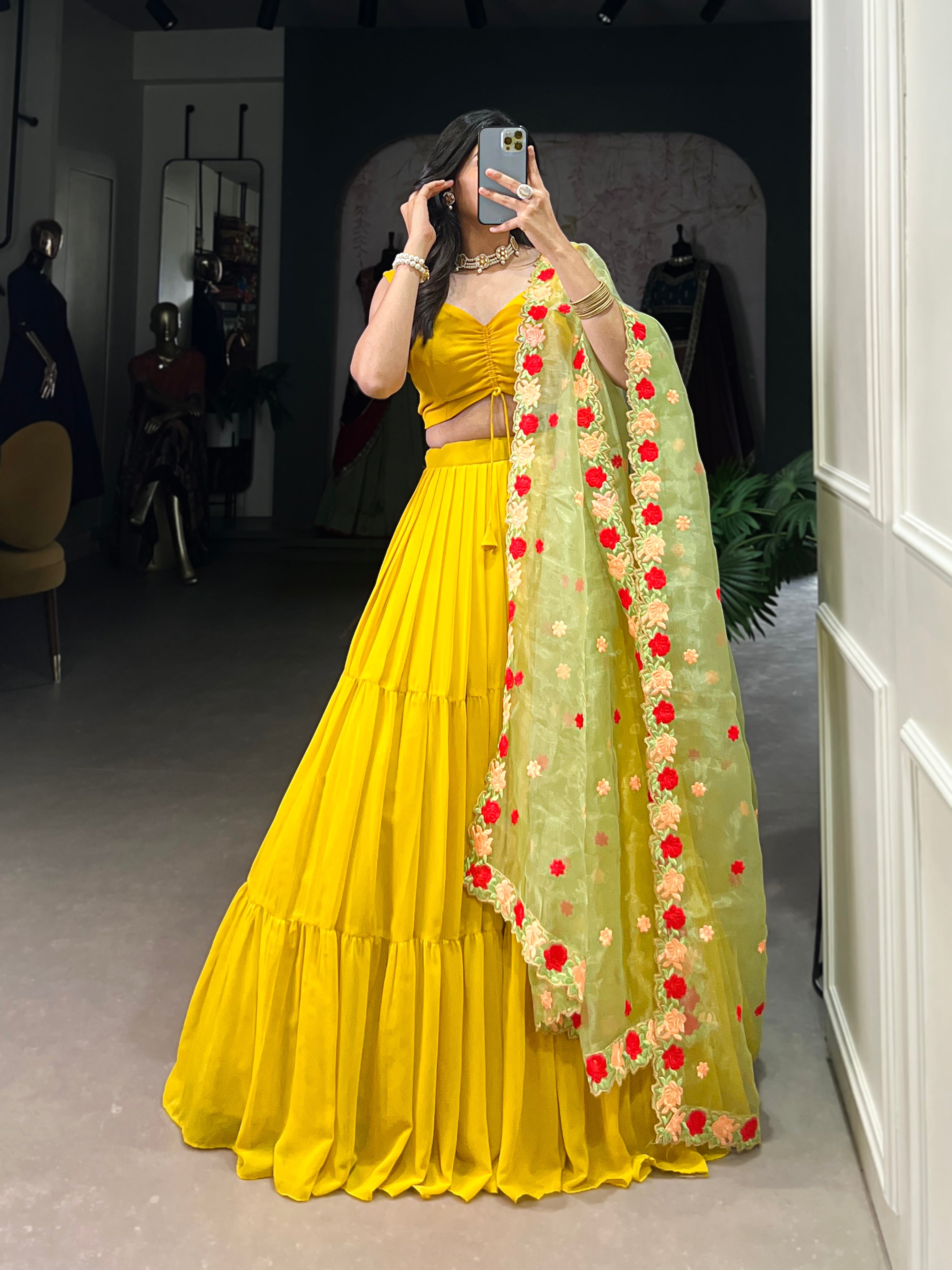 Yellow georgette plain lehenga choli with embroidered organza dupatta