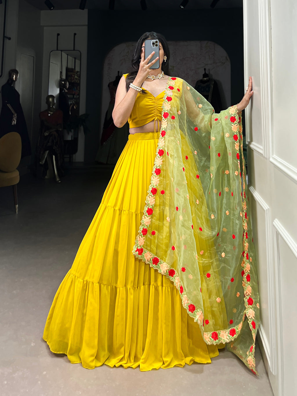 Yellow georgette plain lehenga choli with embroidered organza dupatta