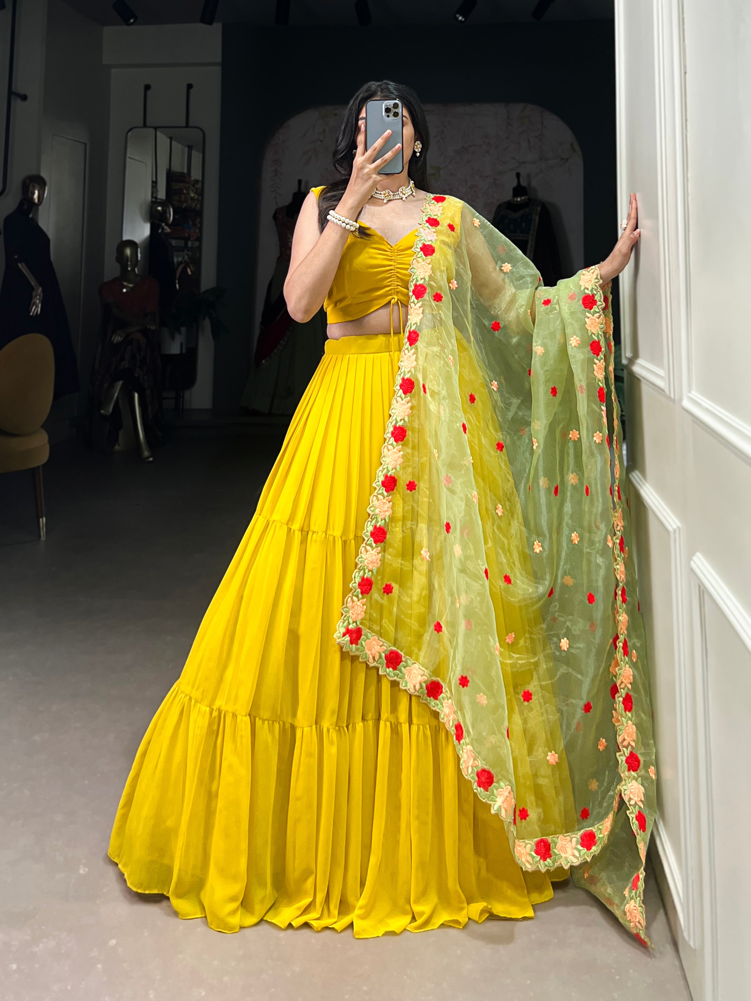 Yellow georgette plain lehenga choli with embroidered organza dupatta