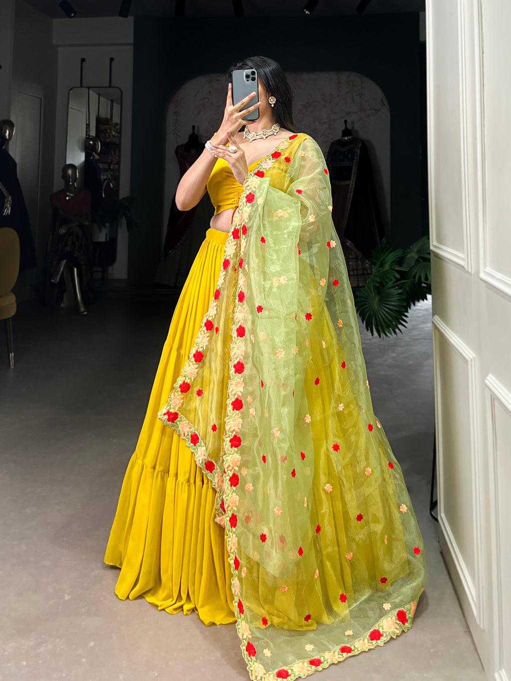 Yellow georgette plain lehenga choli with embroidered organza dupatta