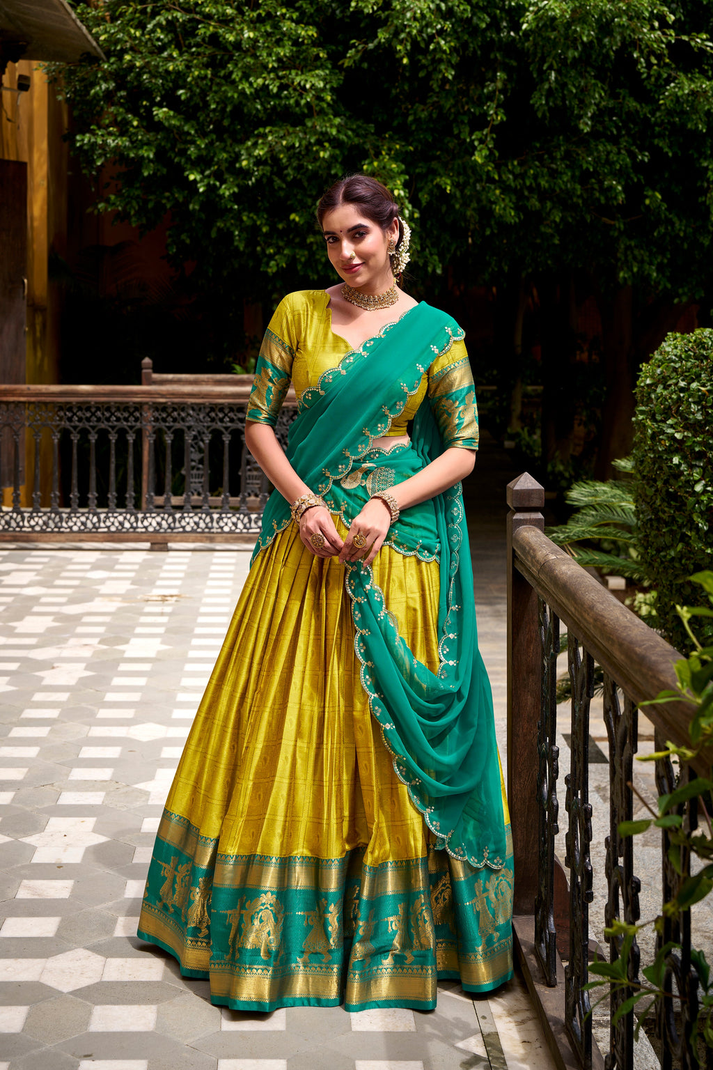 Yellow poly cotton zari weaving half saree lehenga choli