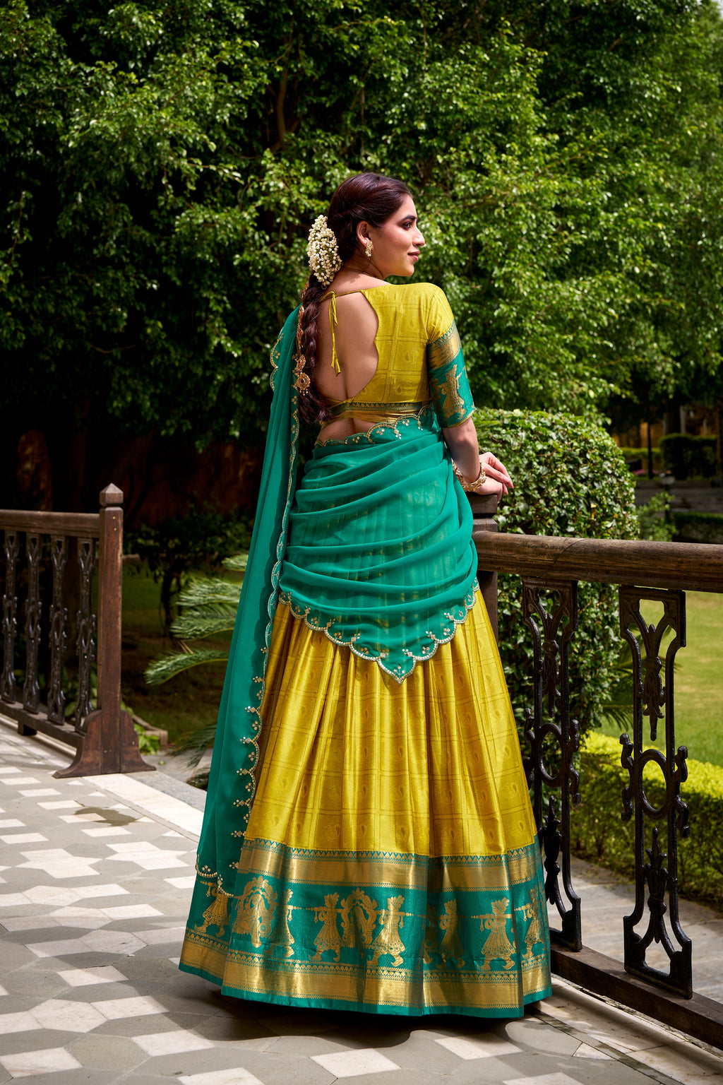 Yellow poly cotton zari weaving half saree lehenga choli