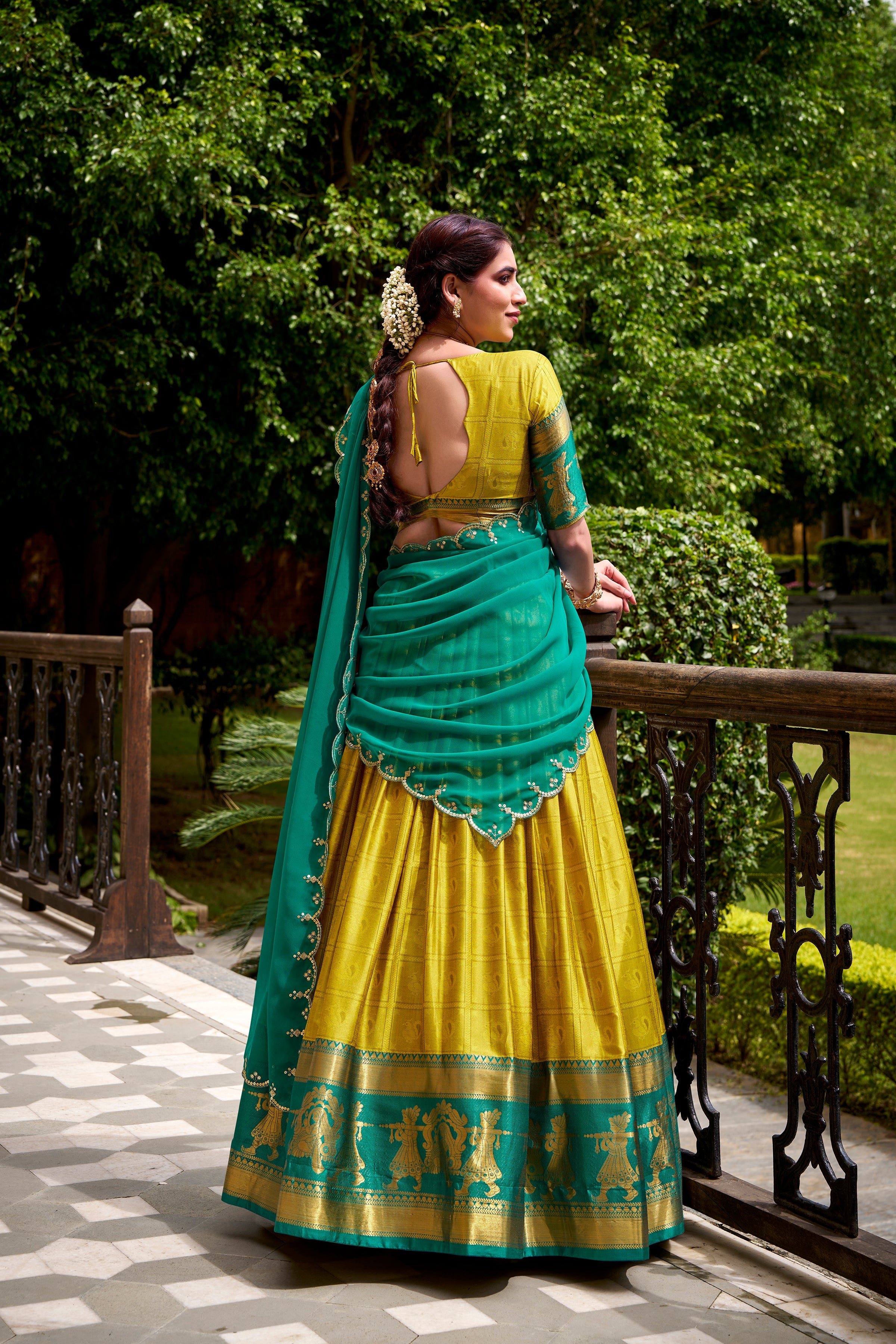 Yellow poly cotton zari weaving half saree lehenga choli