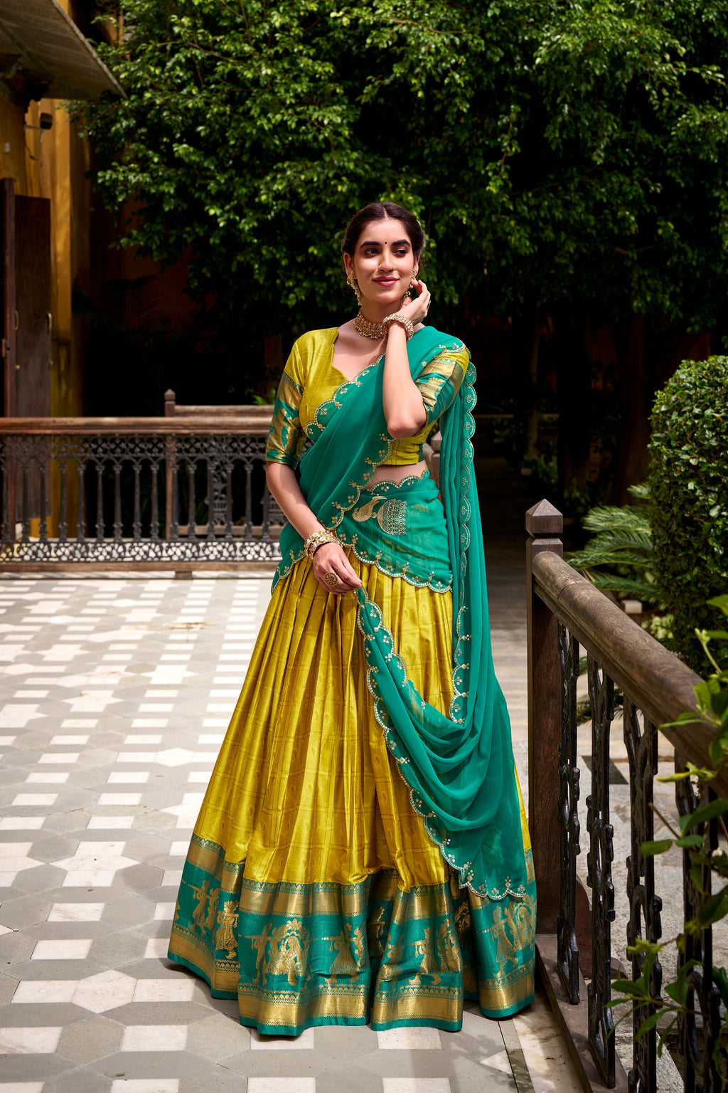 Yellow poly cotton zari weaving half saree lehenga choli