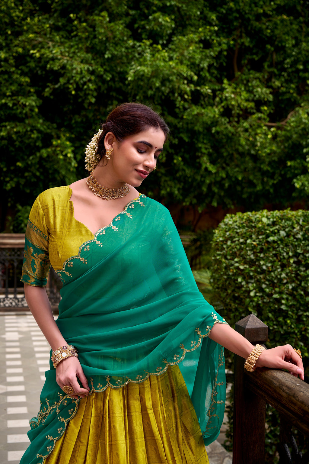 Yellow poly cotton zari weaving half saree lehenga choli