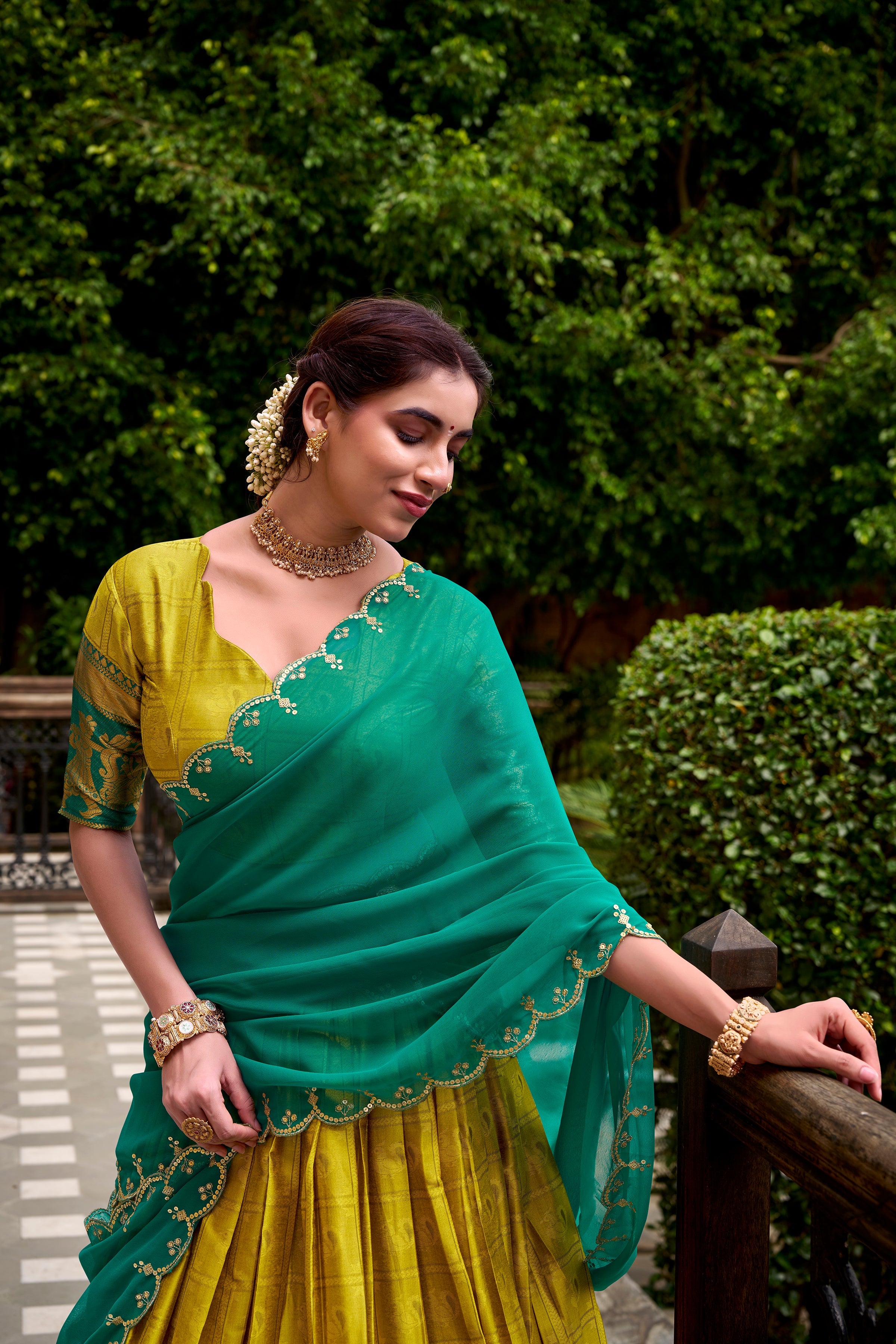 Yellow poly cotton zari weaving half saree lehenga choli