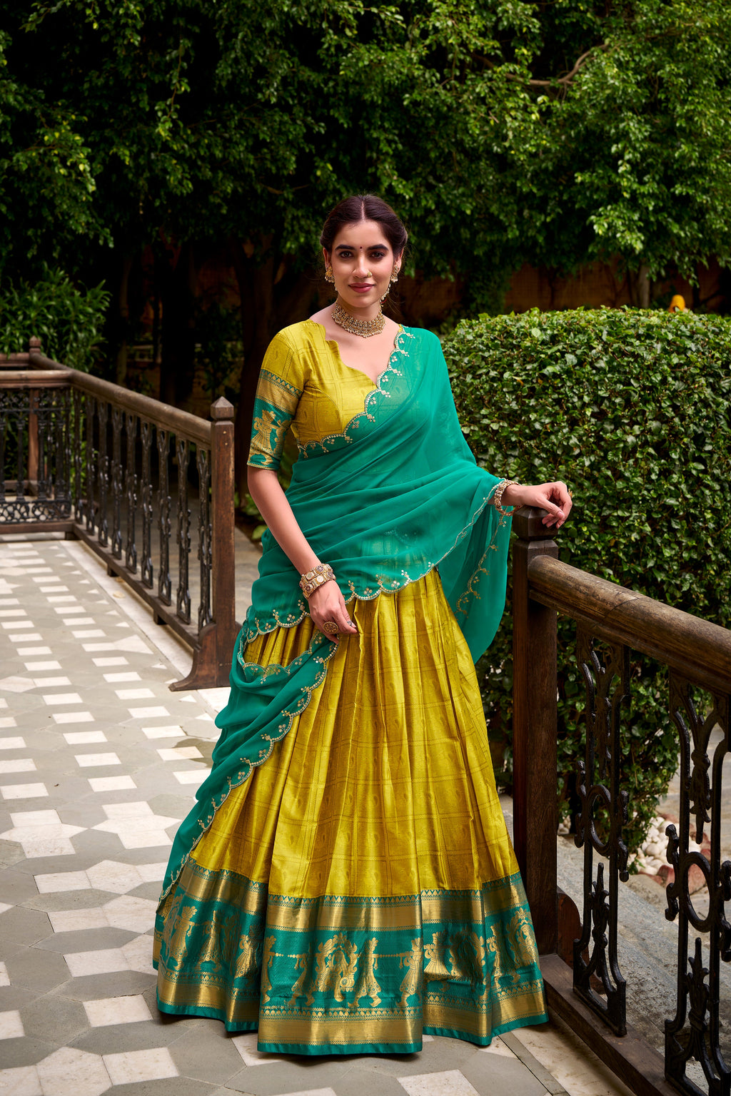 Yellow poly cotton zari weaving half saree lehenga choli
