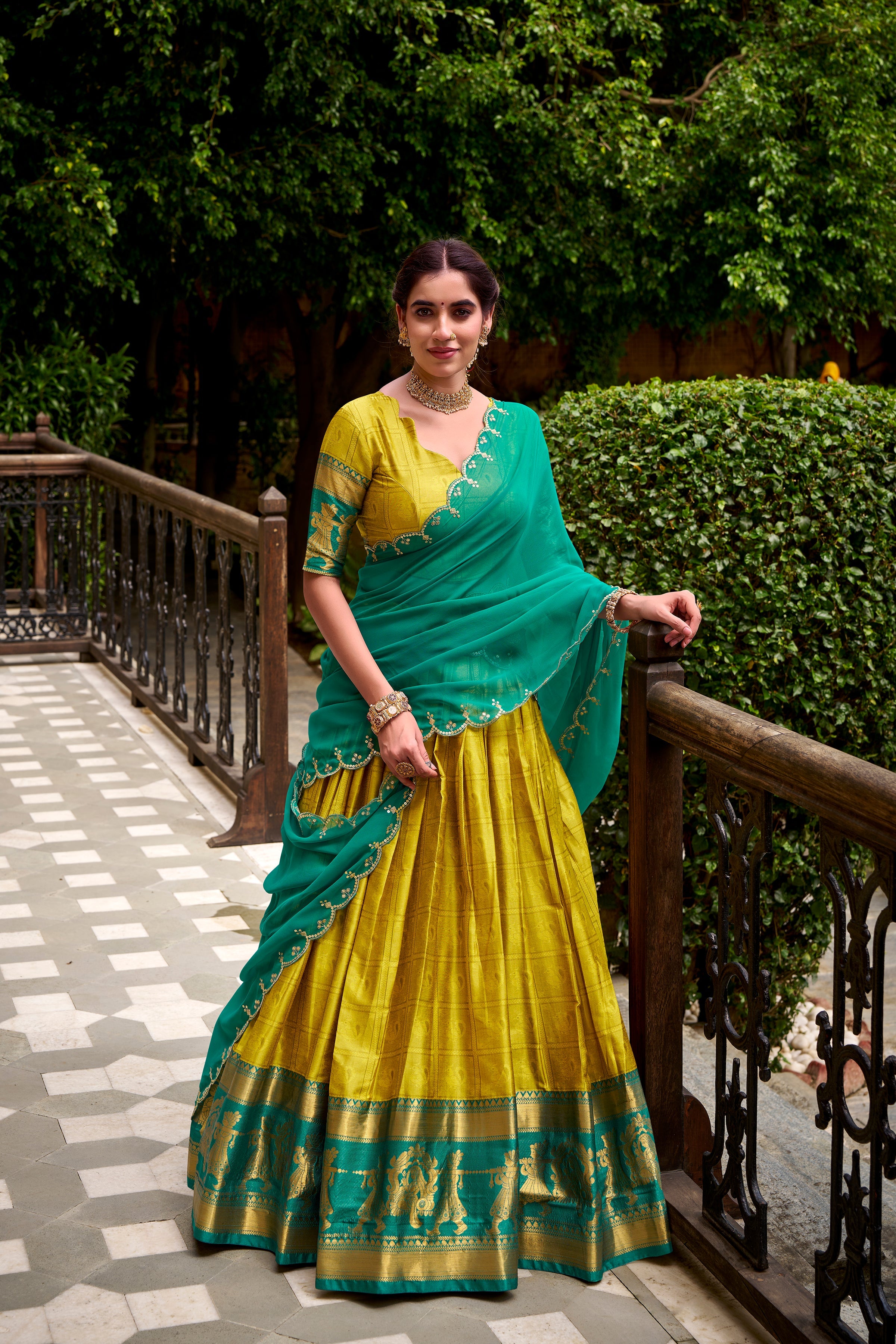 Yellow poly cotton zari weaving half saree lehenga choli
