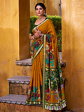 Yellow viscose Chanderi Kalamkari print zari weaving saree