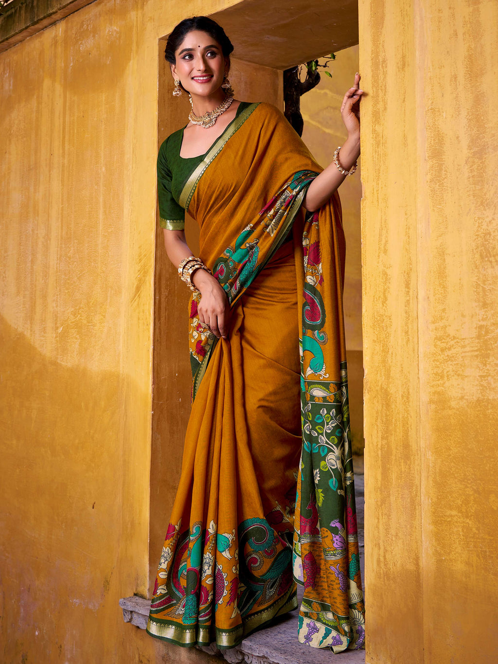 Yellow viscose Chanderi Kalamkari print zari weaving saree