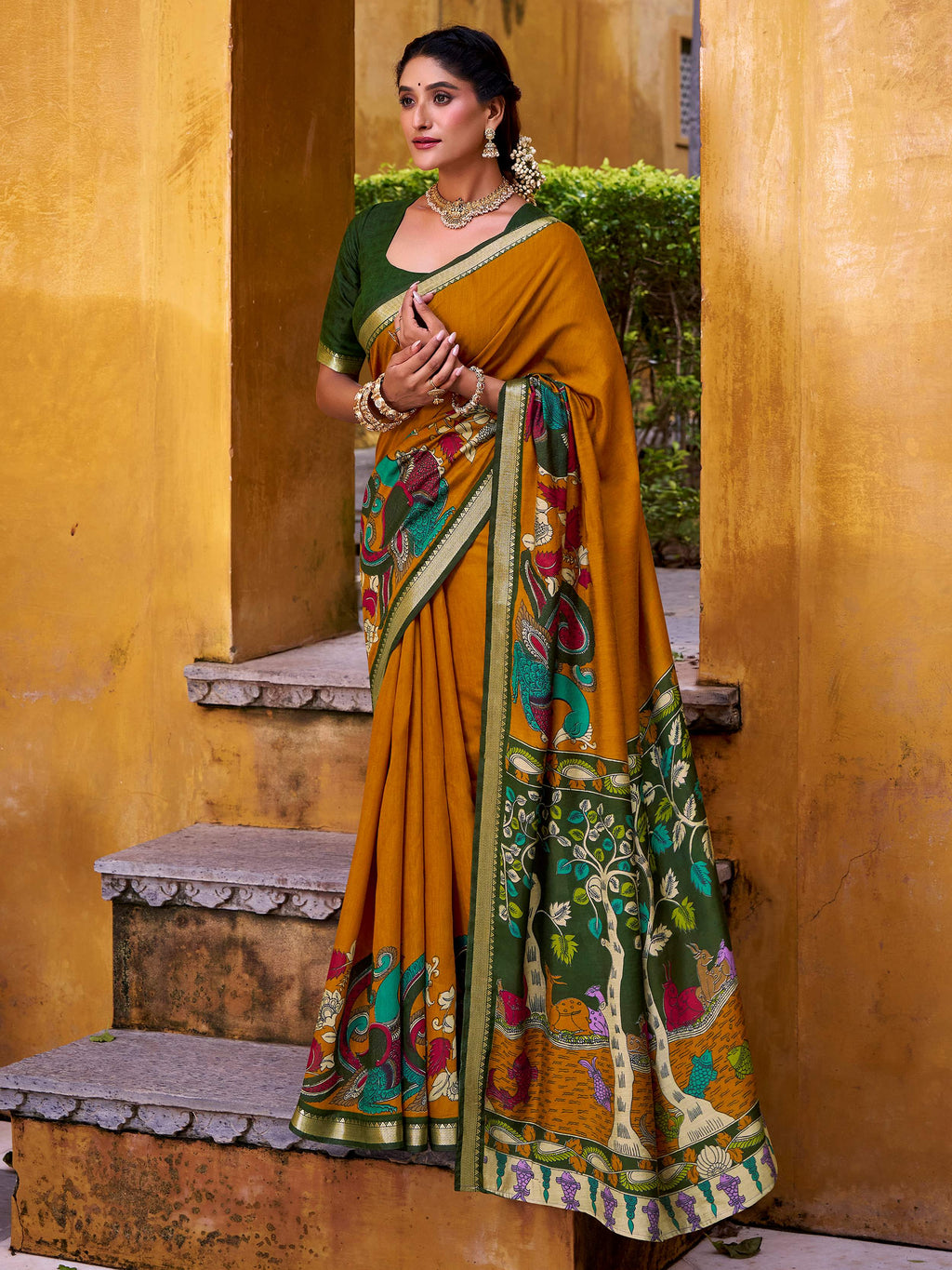 Yellow viscose Chanderi Kalamkari print zari weaving saree