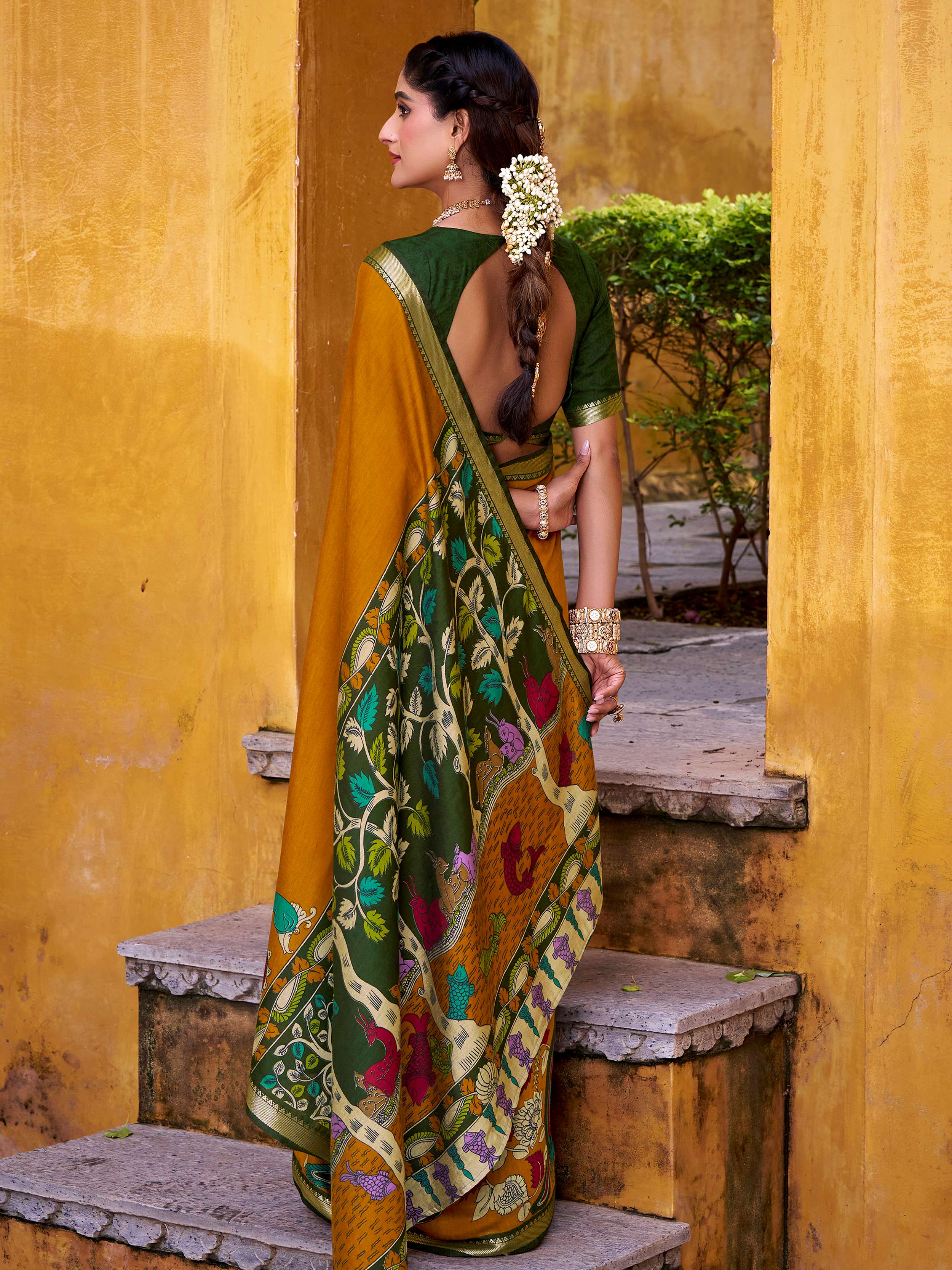 Yellow viscose Chanderi Kalamkari print zari weaving saree