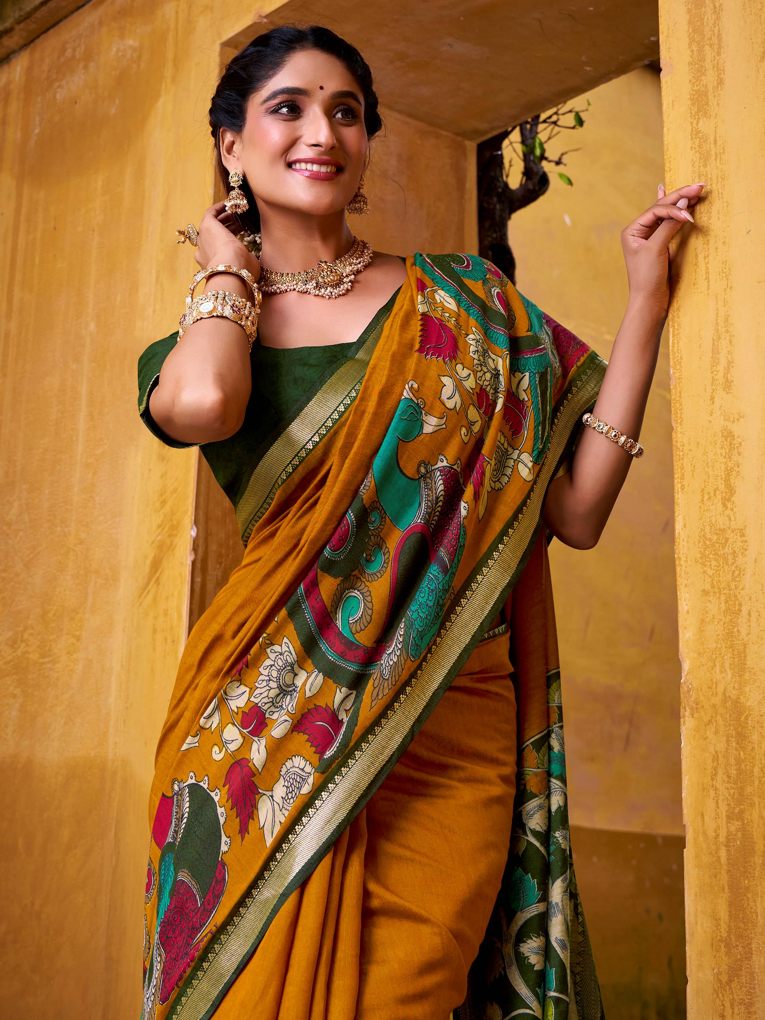 Yellow viscose Chanderi Kalamkari print zari weaving saree