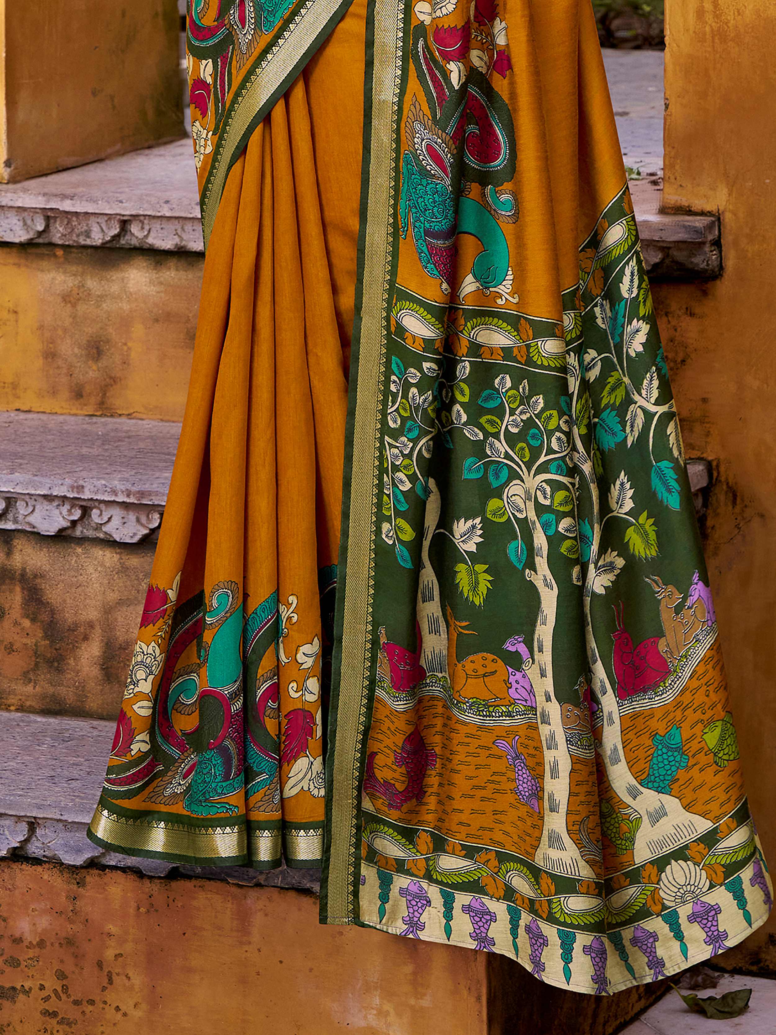 Yellow viscose Chanderi Kalamkari print zari weaving saree