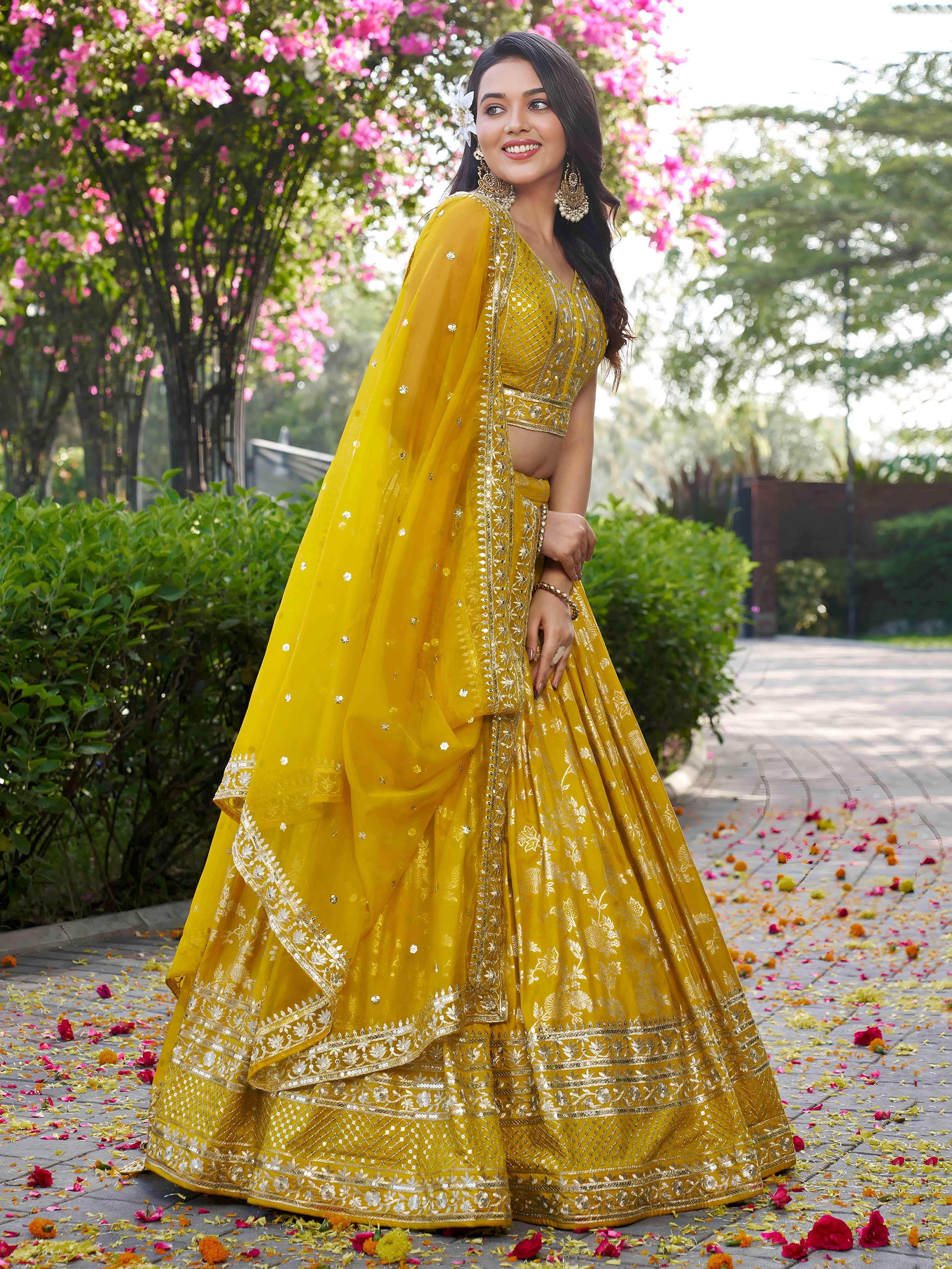 Yellow Dola silk jacquard embroidered lehenga choli with dupatta