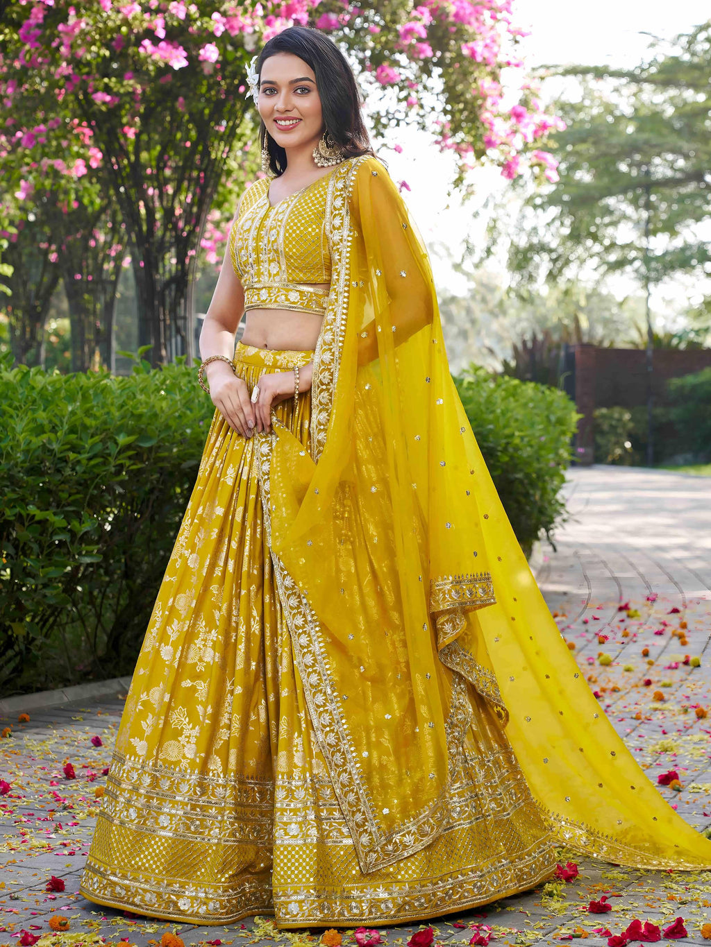 Yellow Dola silk jacquard embroidered lehenga choli with dupatta
