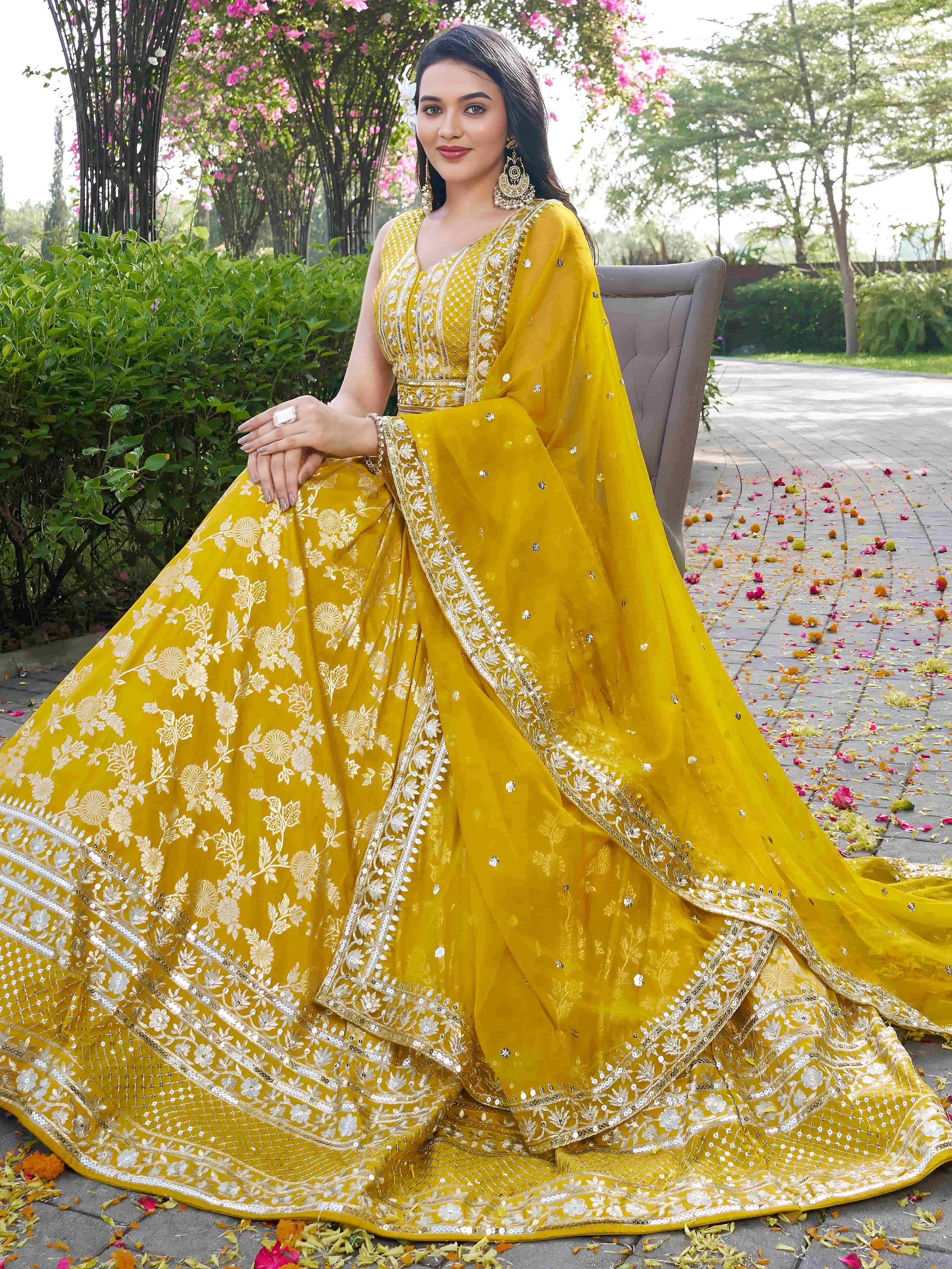 Yellow Dola silk jacquard embroidered lehenga choli with dupatta