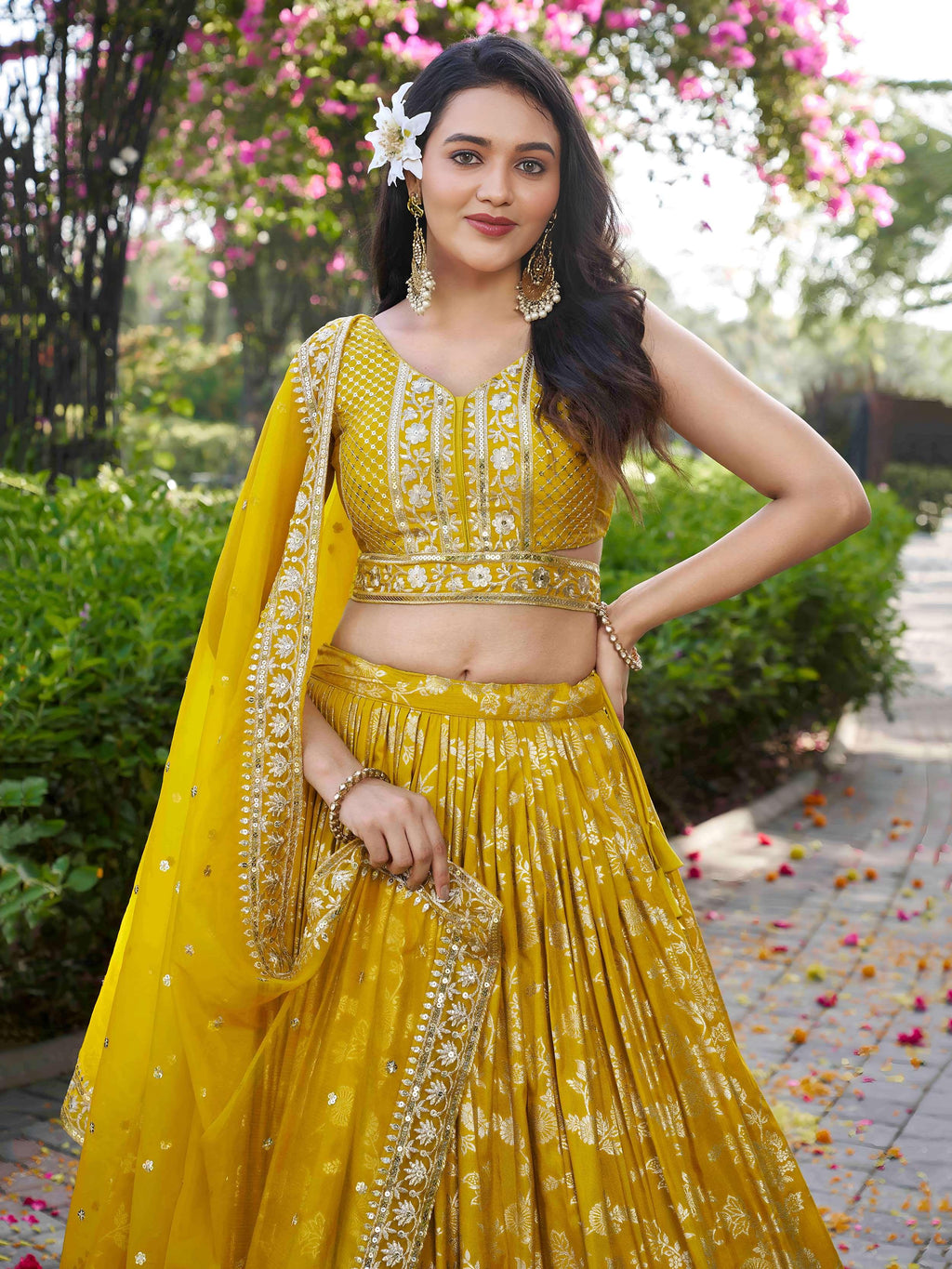 Yellow Dola silk jacquard embroidered lehenga choli with dupatta