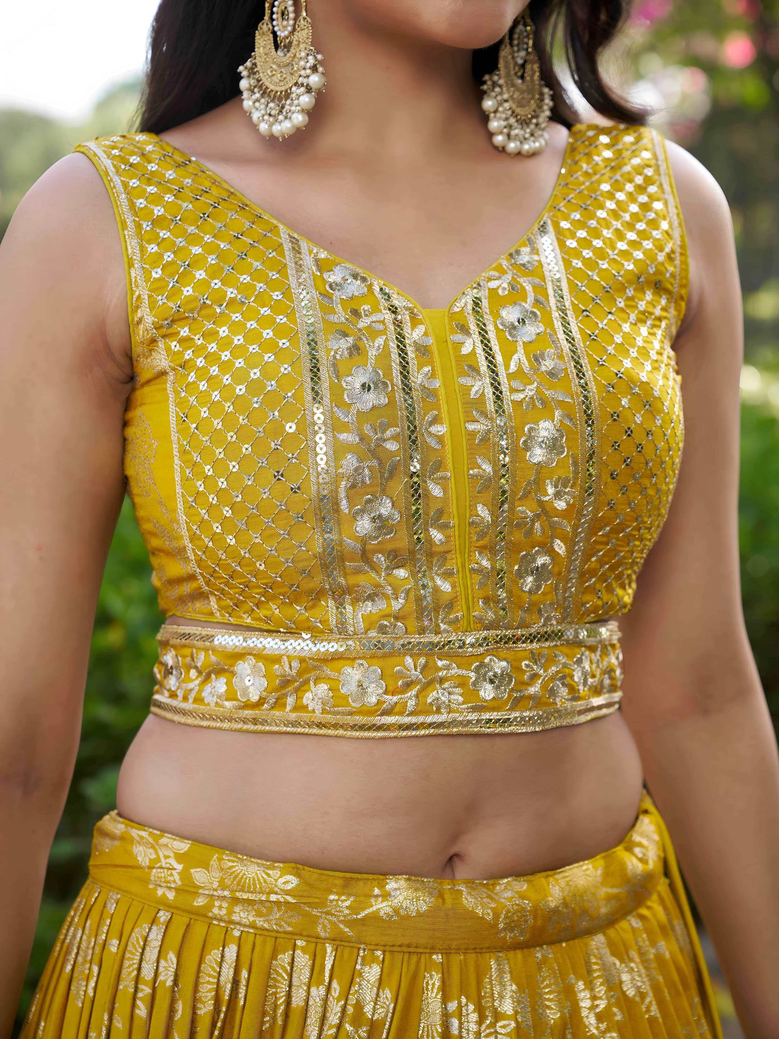 Yellow Dola silk jacquard embroidered lehenga choli with dupatta