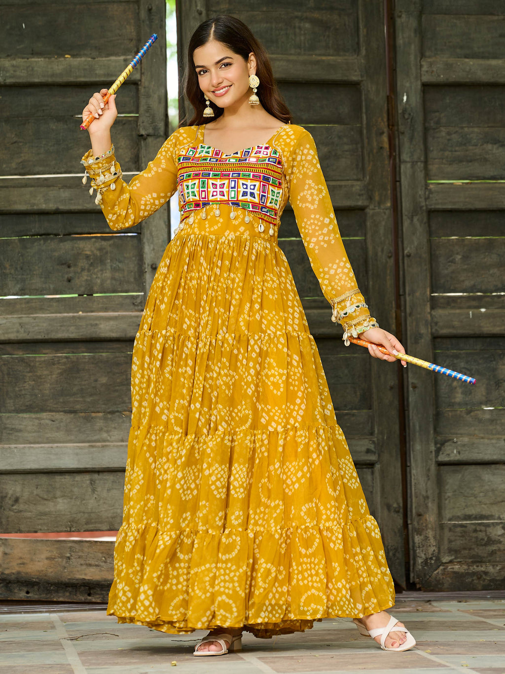 Yellow Bandhani print gown with Kutchi patchwork for Navratri