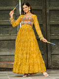Yellow Bandhani print gown with Kutchi patchwork for Navratri