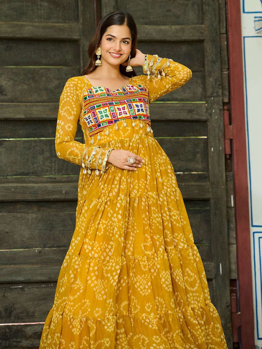 Yellow Bandhani print gown with Kutchi patchwork for Navratri