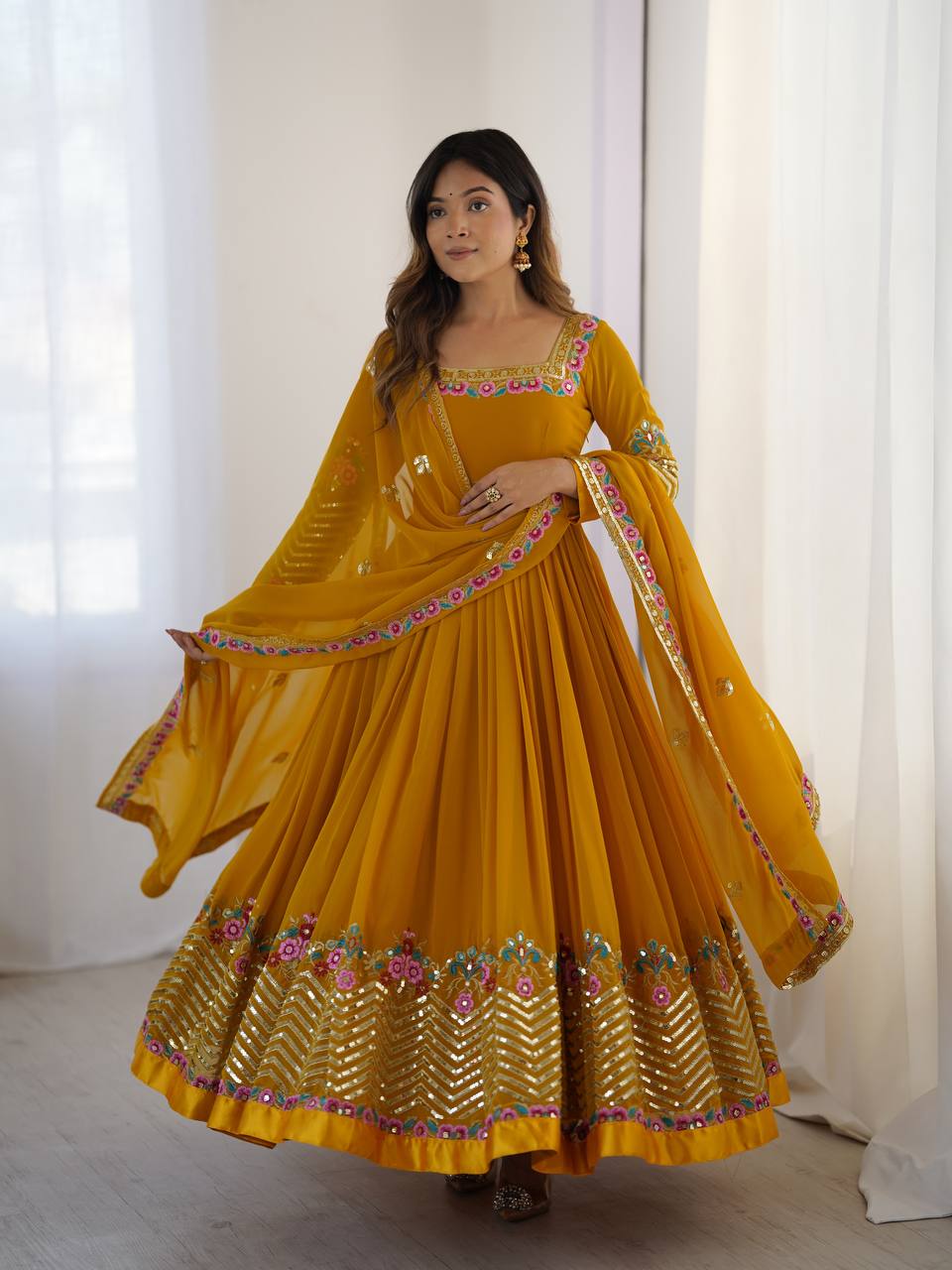 Yellow georgette embroidered anarkali suit with dupatta and bottom