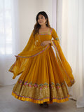Yellow georgette embroidered anarkali suit with dupatta and bottom