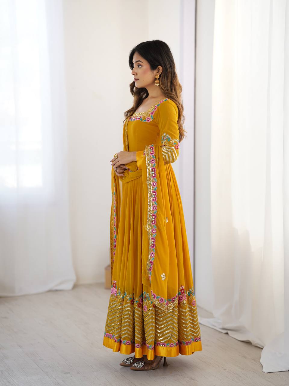 Yellow georgette embroidered anarkali suit with dupatta and bottom
