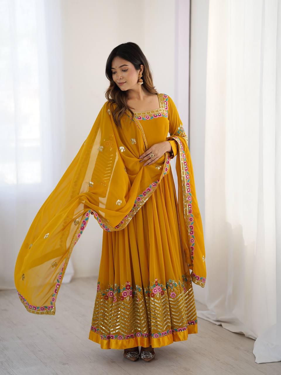 Yellow georgette embroidered anarkali suit with dupatta and bottom