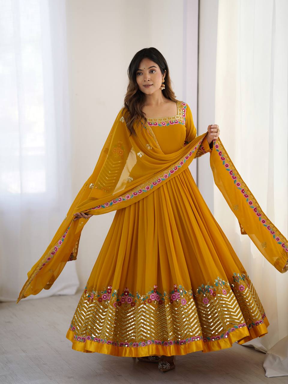 Yellow georgette embroidered anarkali suit with dupatta and bottom