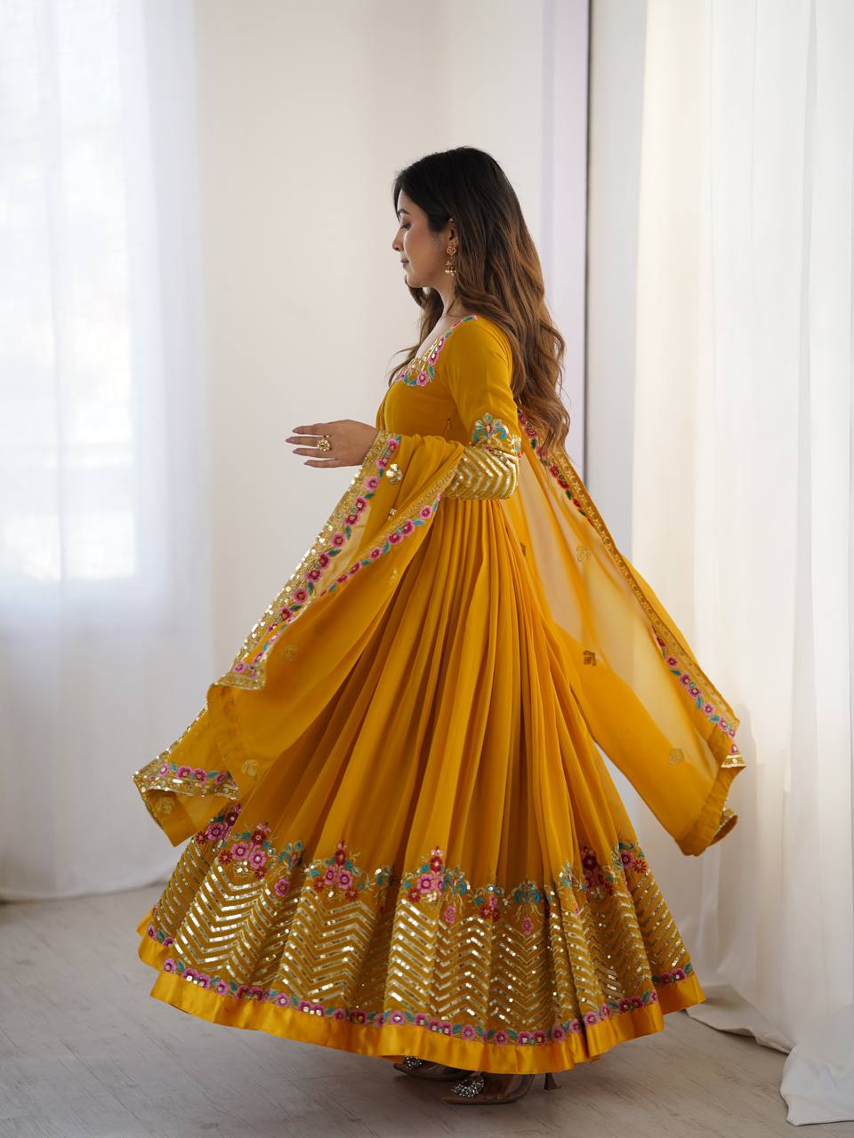 Yellow georgette embroidered anarkali suit with dupatta and bottom