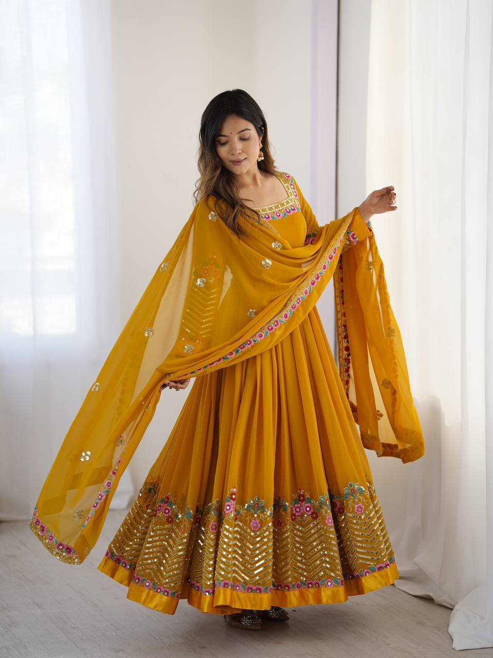 Yellow georgette embroidered anarkali suit with dupatta and bottom