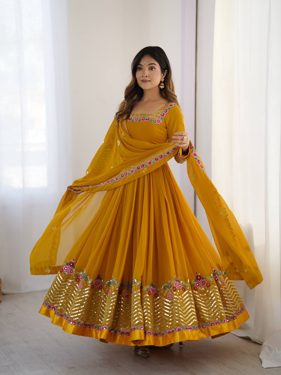 Yellow georgette embroidered anarkali suit with dupatta and bottom