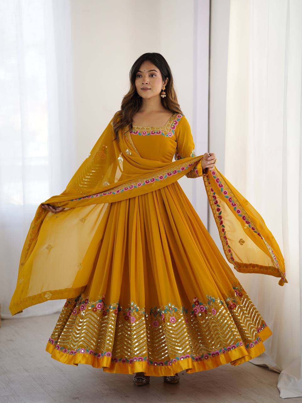 Yellow georgette embroidered anarkali suit with dupatta and bottom