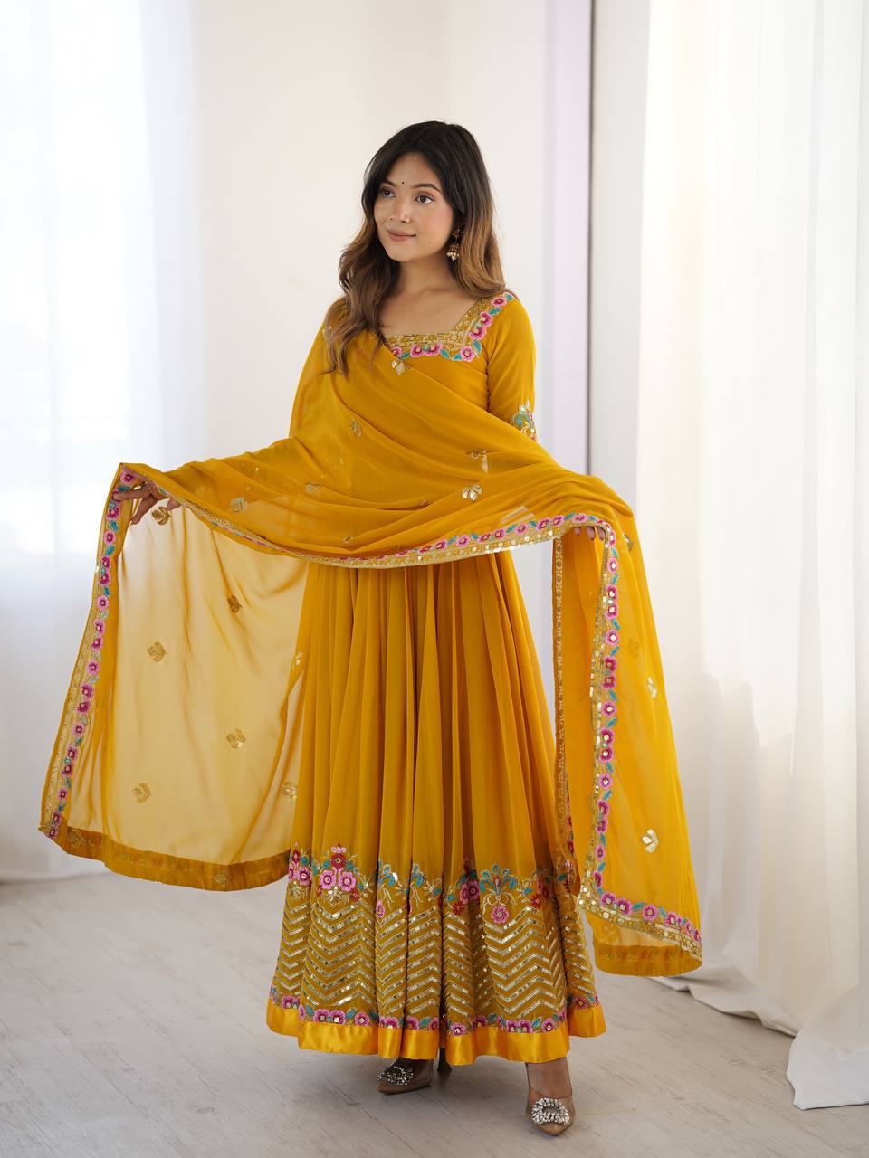 Yellow georgette embroidered anarkali suit with dupatta and bottom