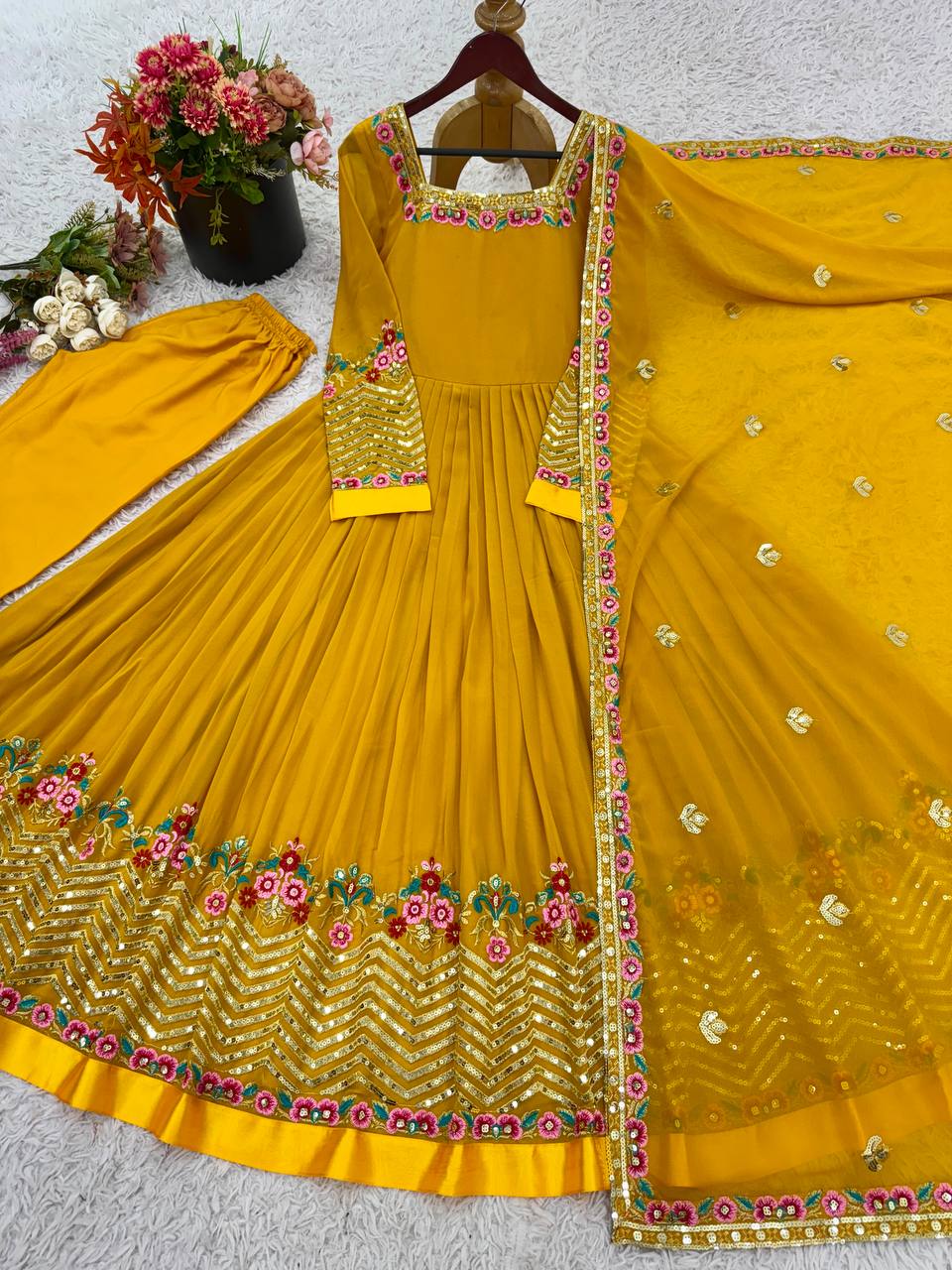 Yellow georgette embroidered anarkali suit with dupatta and bottom