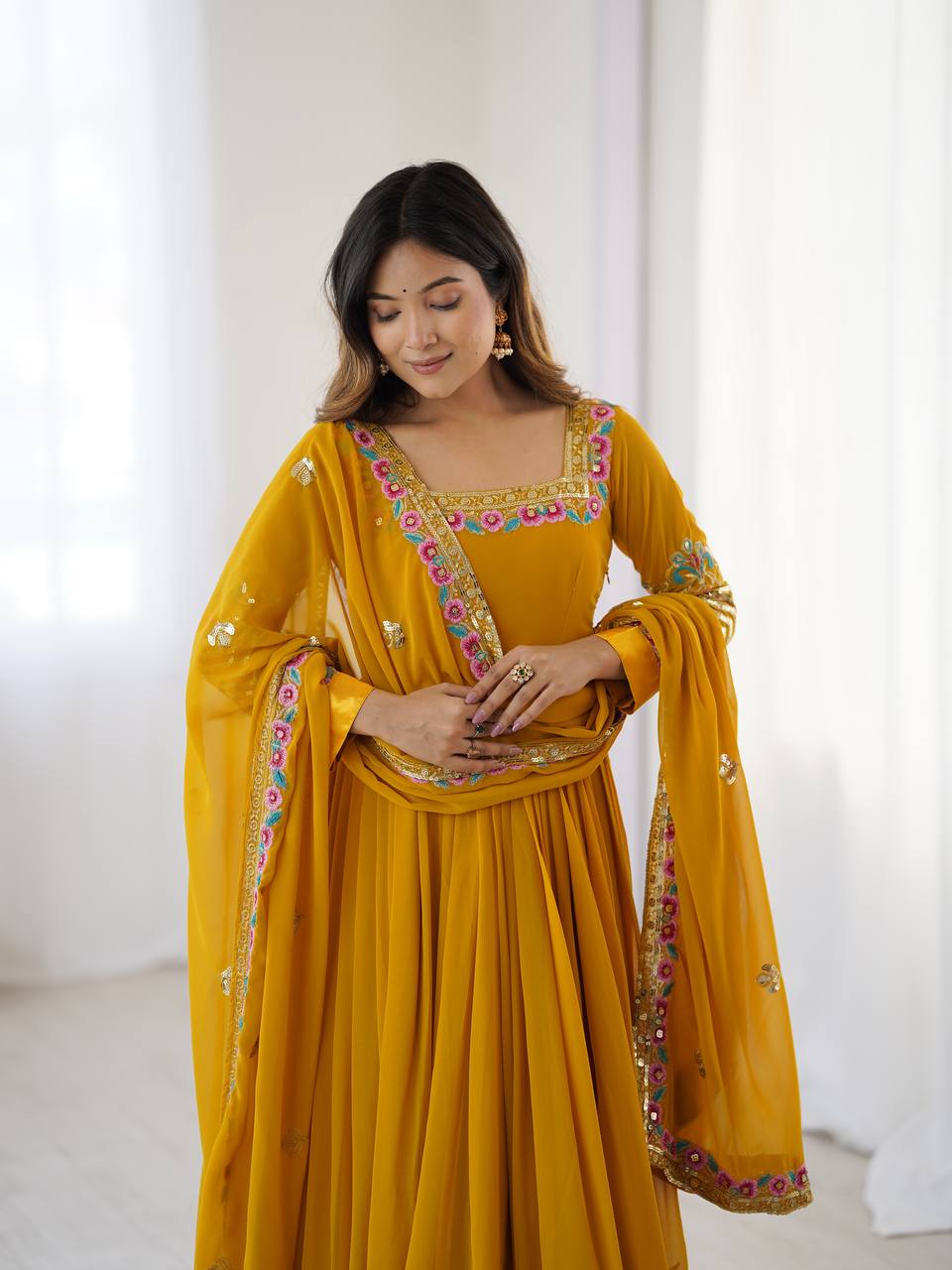 Yellow georgette embroidered anarkali suit with dupatta and bottom