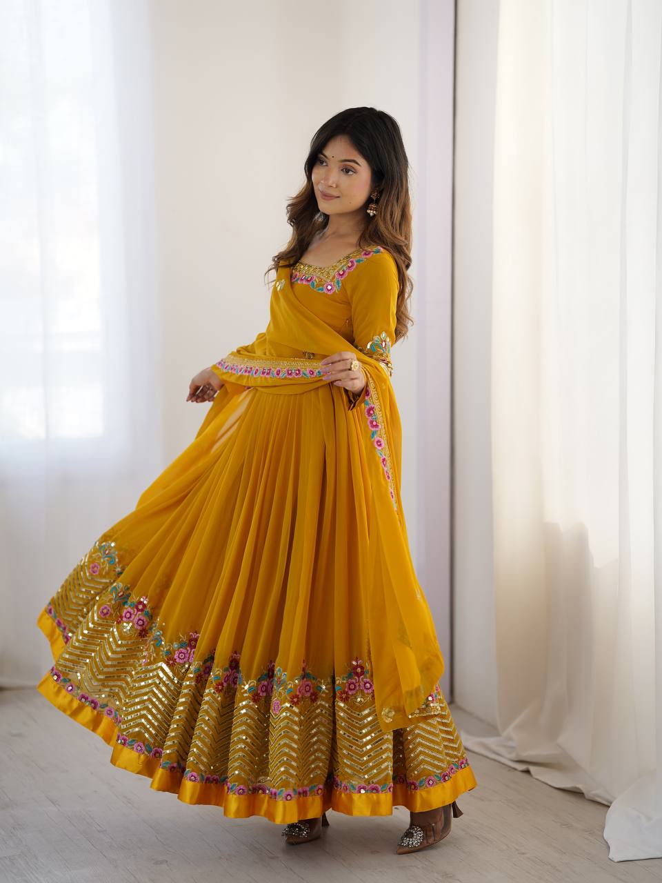 Yellow georgette embroidered anarkali suit with dupatta and bottom