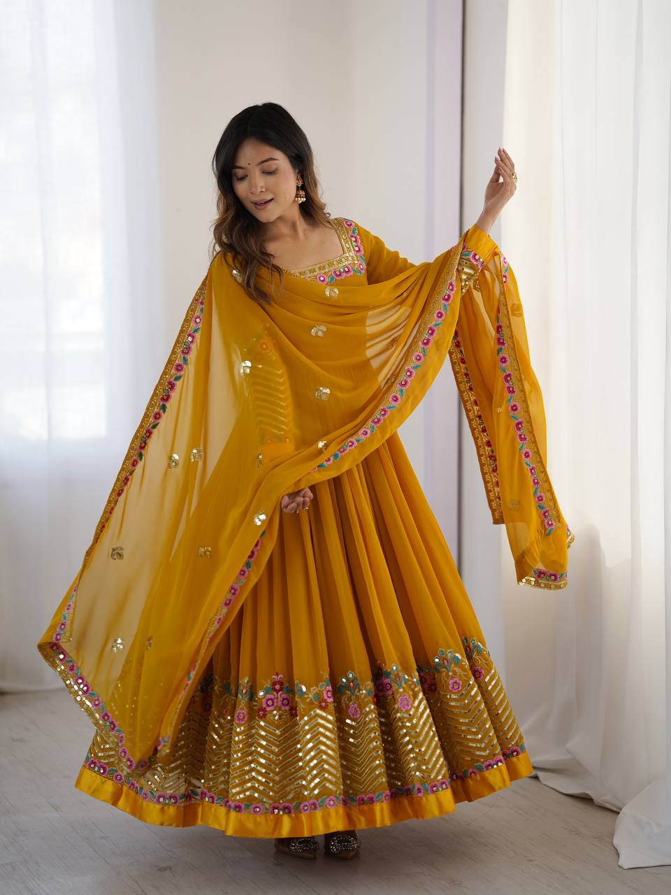 Yellow georgette embroidered anarkali suit with dupatta and bottom