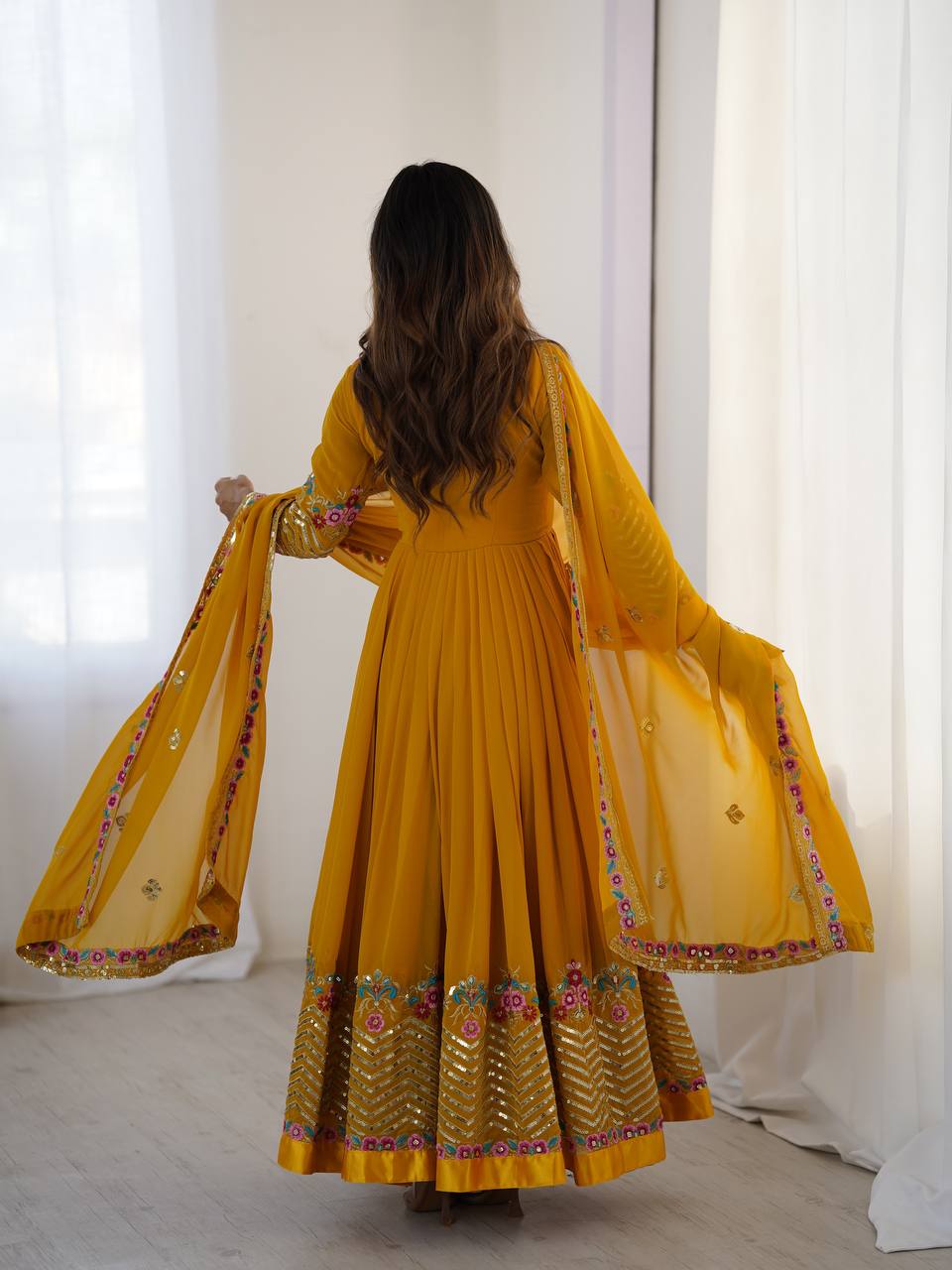Yellow georgette embroidered anarkali suit with dupatta and bottom
