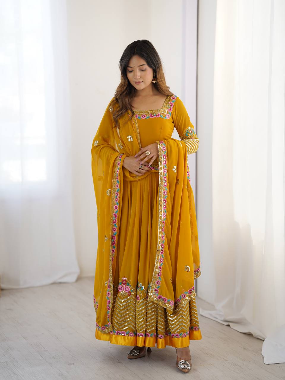 Yellow georgette embroidered anarkali suit with dupatta and bottom