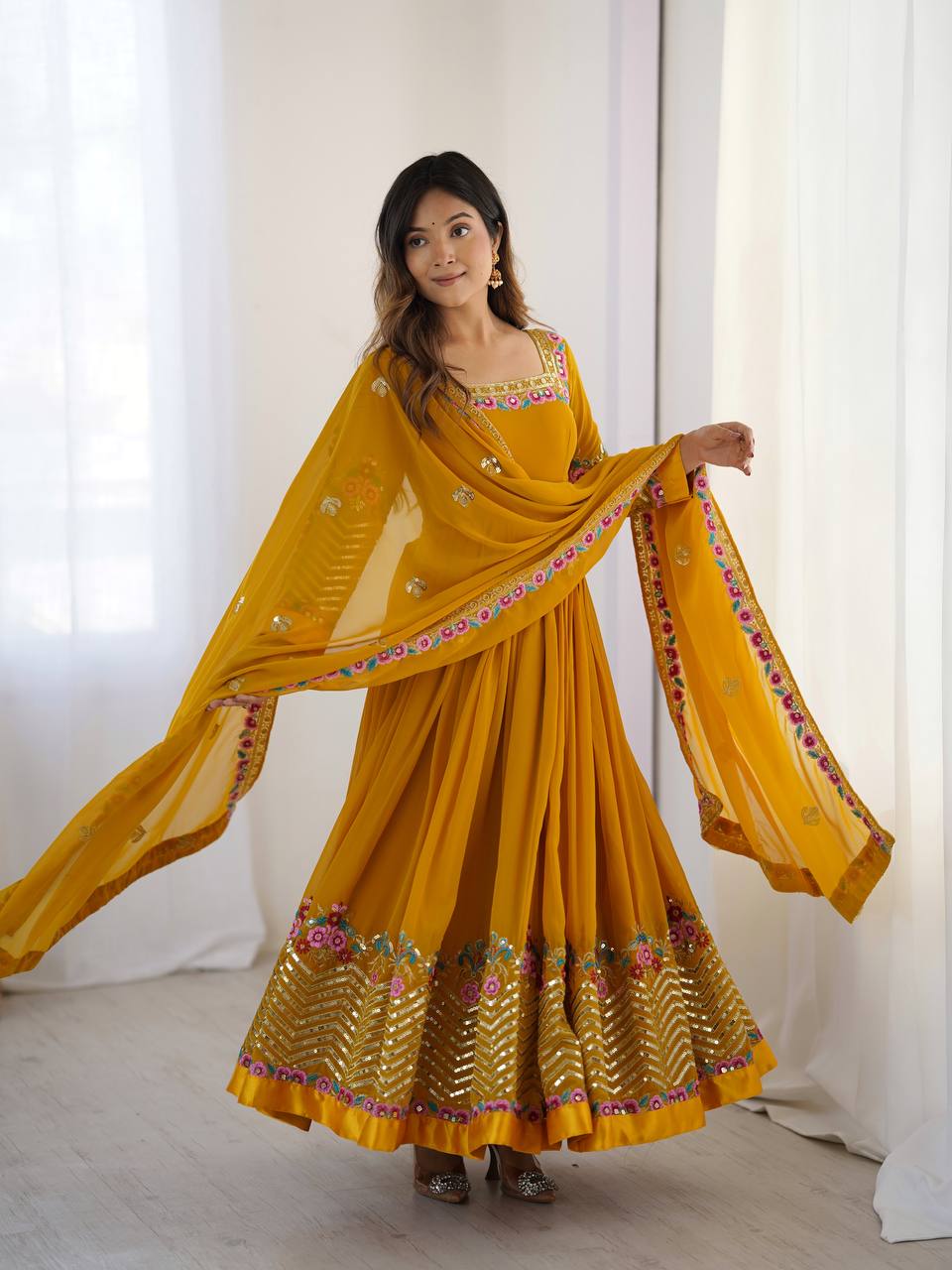Yellow georgette embroidered anarkali suit with dupatta and bottom